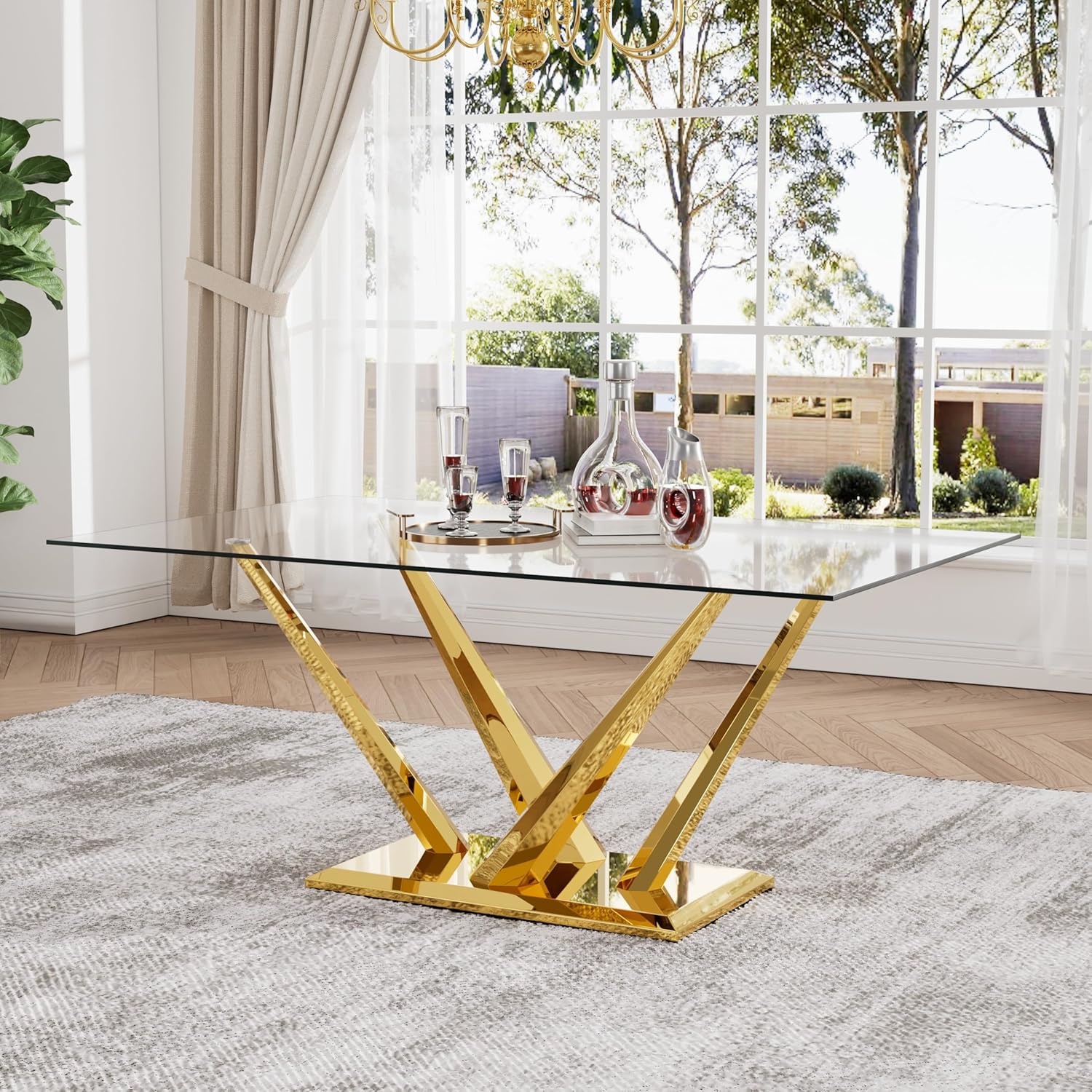 63'' Rectangular Glass Dining Table for 4-6, Luxury Kitchen Table with Tempered Glass and Aesthetic Silver Stainless Steel Base, Modern Dinner Table for Home, Apartment