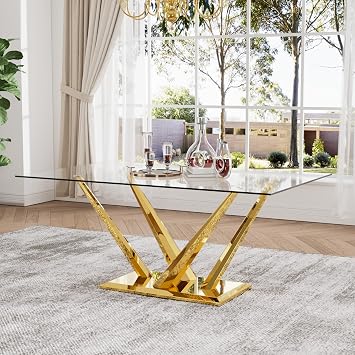 63 Rectangular Glass Dining Table for 4-6, Luxury Kitchen Table with Tempered Glass and Aesthetic Gold Stainless Steel Base, Modern Dinner Table for Home, Apartment