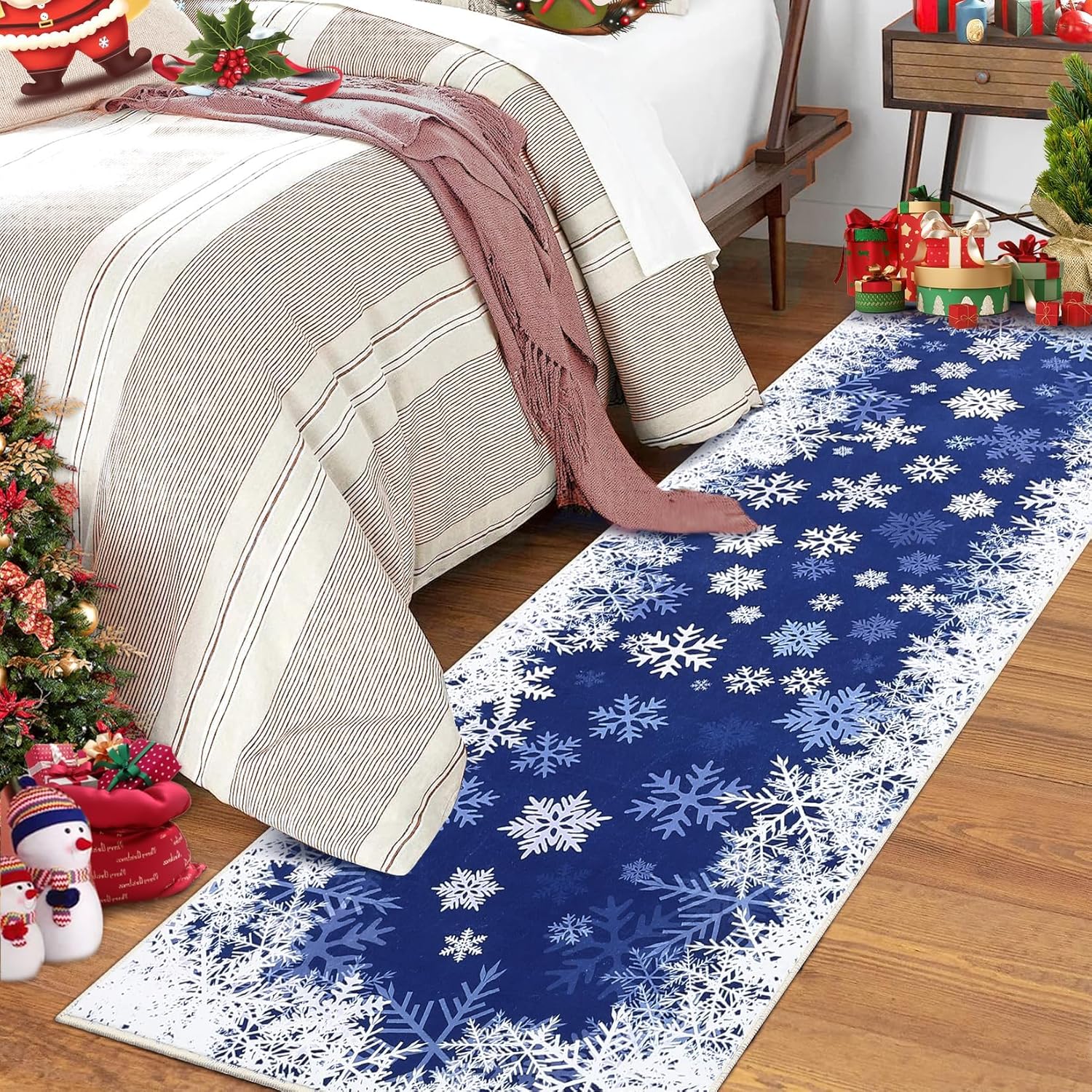 Christmas Runner Rug 2x8 Christmas Runner Rug for Hallway Non Slip Non-Shedding Festive Long Rugs Washable Indoor Soft Holiday Runners for Bedside Kitchen Laundry Nursery Under Table Blue