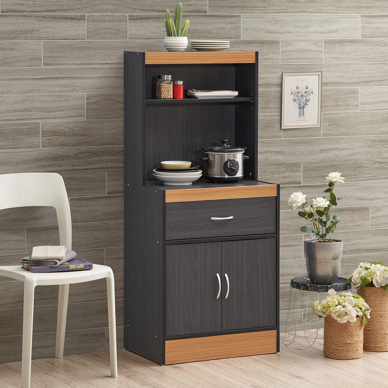 Hodedah 54"" Tall Open Shelves, 1-Drawer and Bottom Enclosed Storage, Black-Beech Kitchen Cabinet