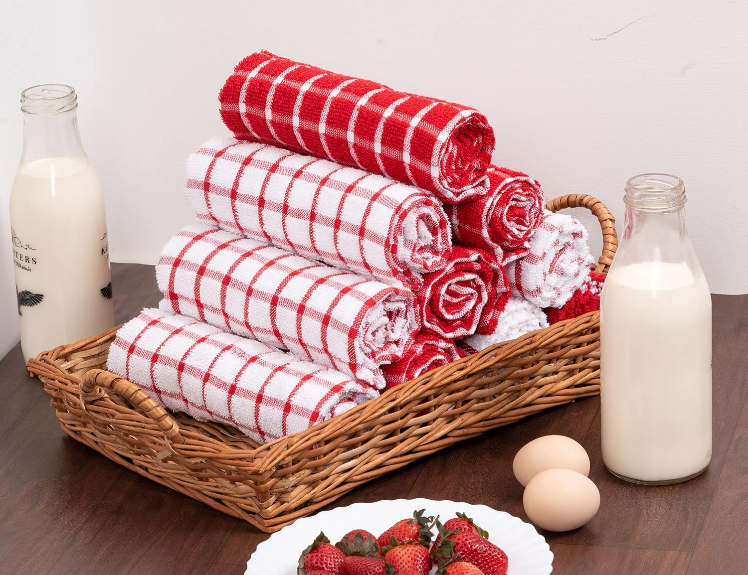 DAILY HOME ESSENTIALS - 4 Pack Cotton Terry Kitchen Dish Towel Set (16x26 Inches - Red, Checked Design) |Super Soft and Highly Absorbent|Perfect for Everyday Household & Commercial Use