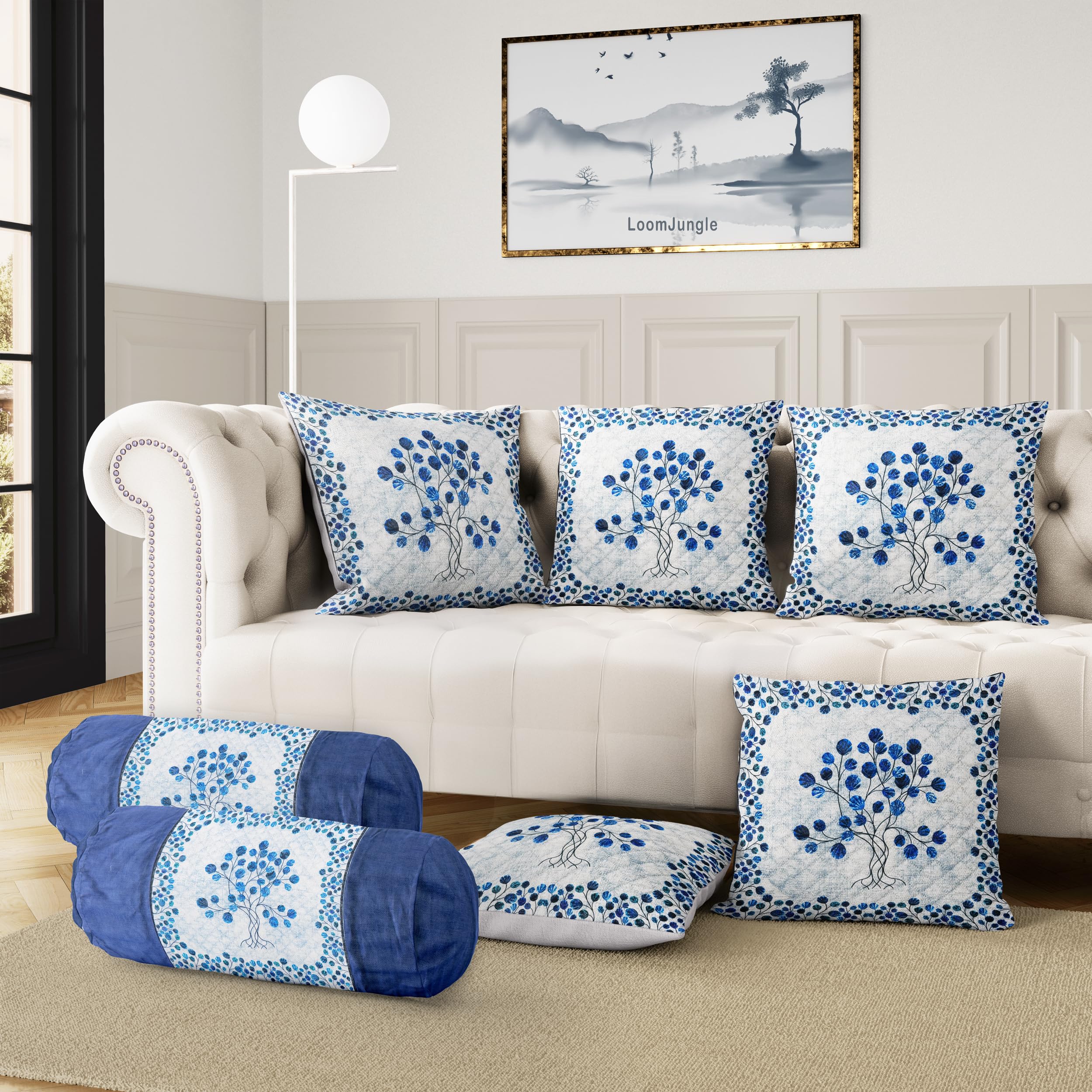 Blue Covers Combo 5 Cushion Covers and 2 Bolster Covers (16x16 & 32x16 Inch) | Tree Quilted Microfiber Pairs for Traditional Baithak Seating, Masnad Cover Set, Takiya Cover-image-27