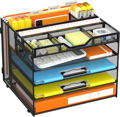 Miniatura 9 de Docnest Bandeja de papel de 3 niveles, organizador de escritorio de malla metálica con asa, soporte para bolígrafo integrado, almacenamiento de 3