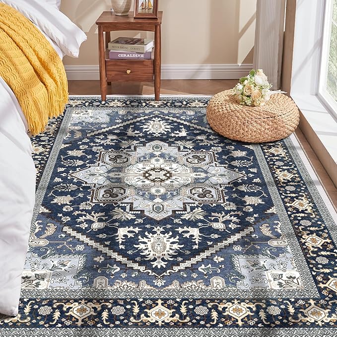 OPPODREAM Soft Area Rugs 3x5, Washable Rugs with Non Slip Backing, Low-Pile Throw 3x5 Carpet, Faux Cashmere 3 x 5 Carpet, Navy Blue & Gold