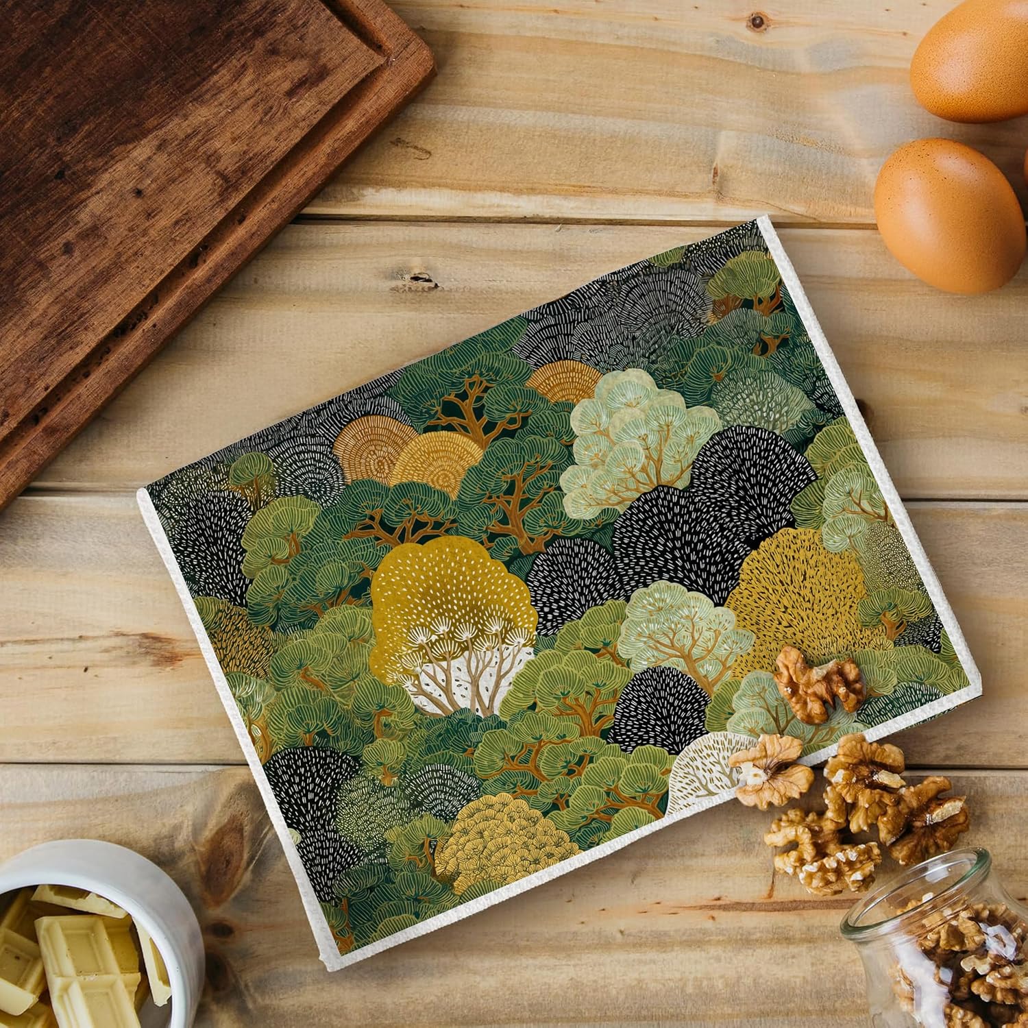 Japanese Abstract Forest Kitchen Dish Hand Towels 16x24 | Japanese Bathroom Decor, Japandi Nature Kyoto Abstract Green Yellow Botanical Decorative Hand Tea Towels for Bathroom Kitchen
