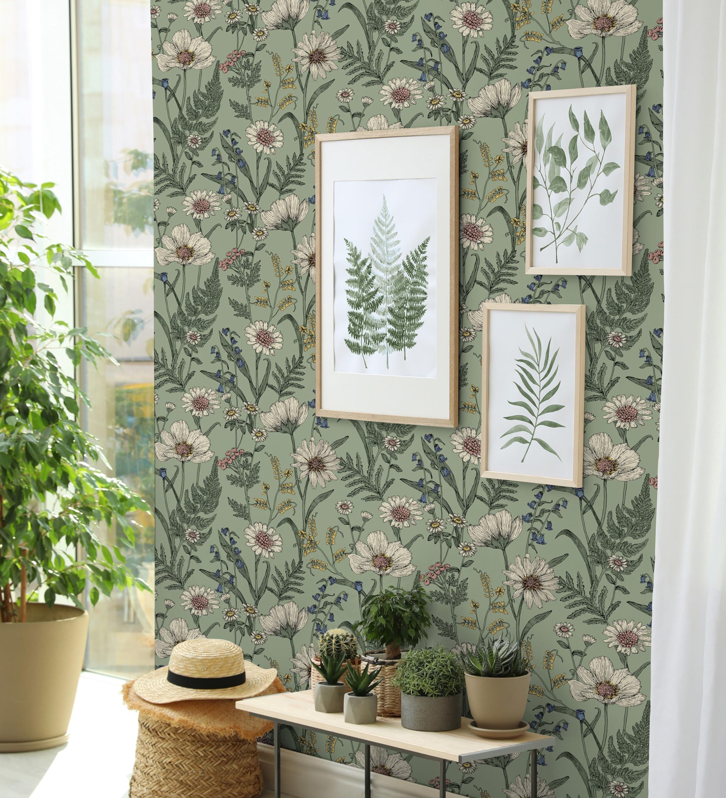 GAULAN 682381 - Papel pintado vinílico de flores silvestres con margaritas y amapolas fondo verde para pared salón cocina baño dormitorio pasillo - Rollo de 10 m x 0,52 m