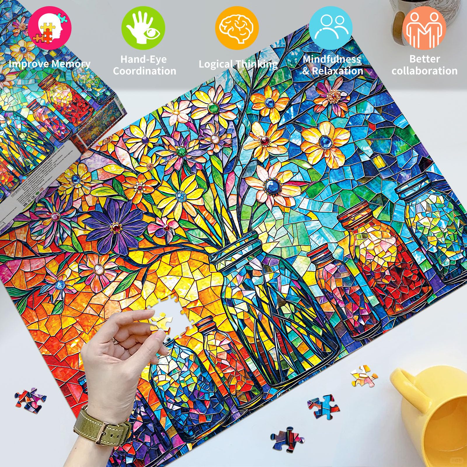 HUADADA Jigsaw Puzzles for Adults 1000 Piece Challenging Game 1000 Piece Jigsaw Puzzles for Adults Family Decoration Puzzle Gifts-Glass Flower - Image 2