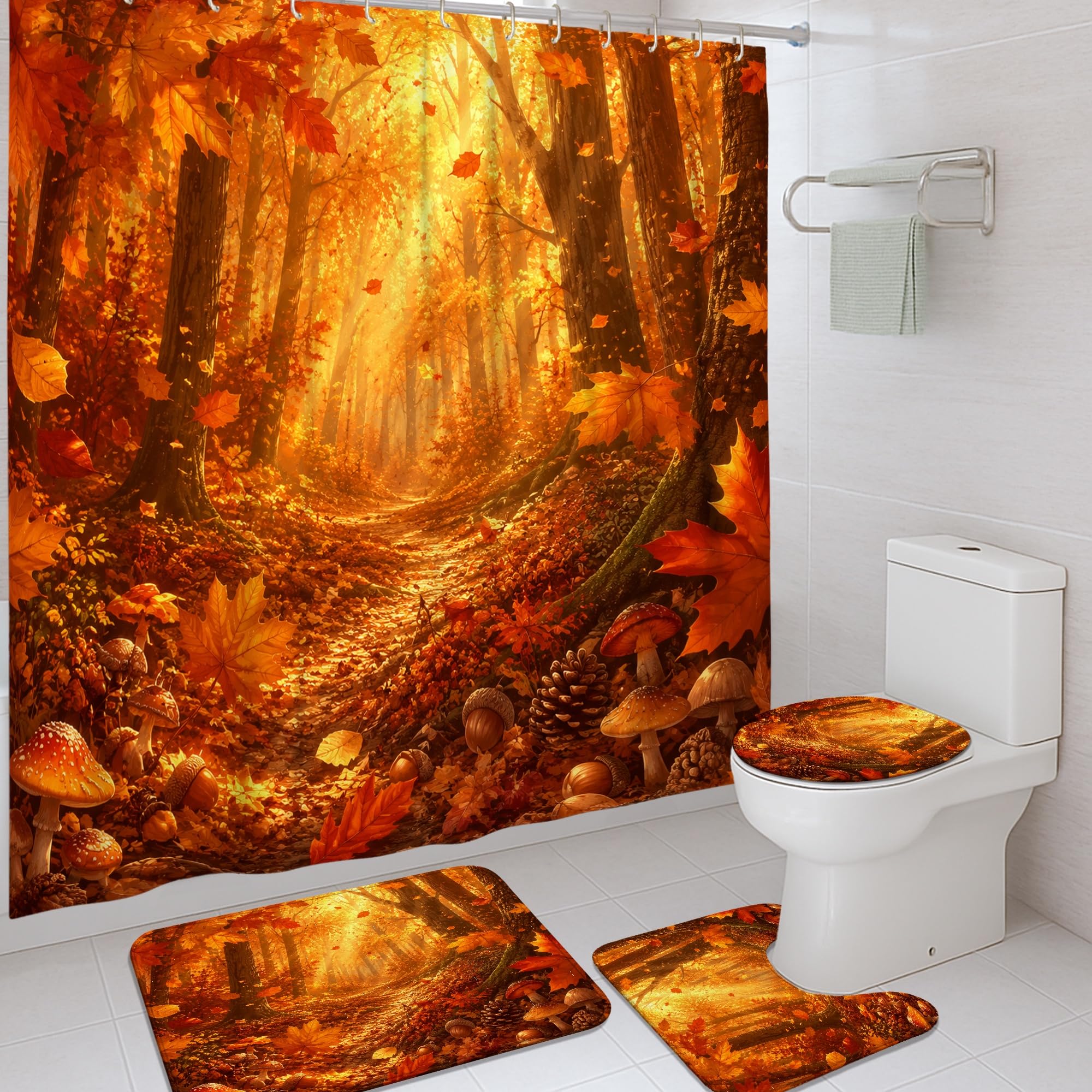 Tapis et rideau de douche anti-éclaboussures style feuilles de forêt pour baignoire