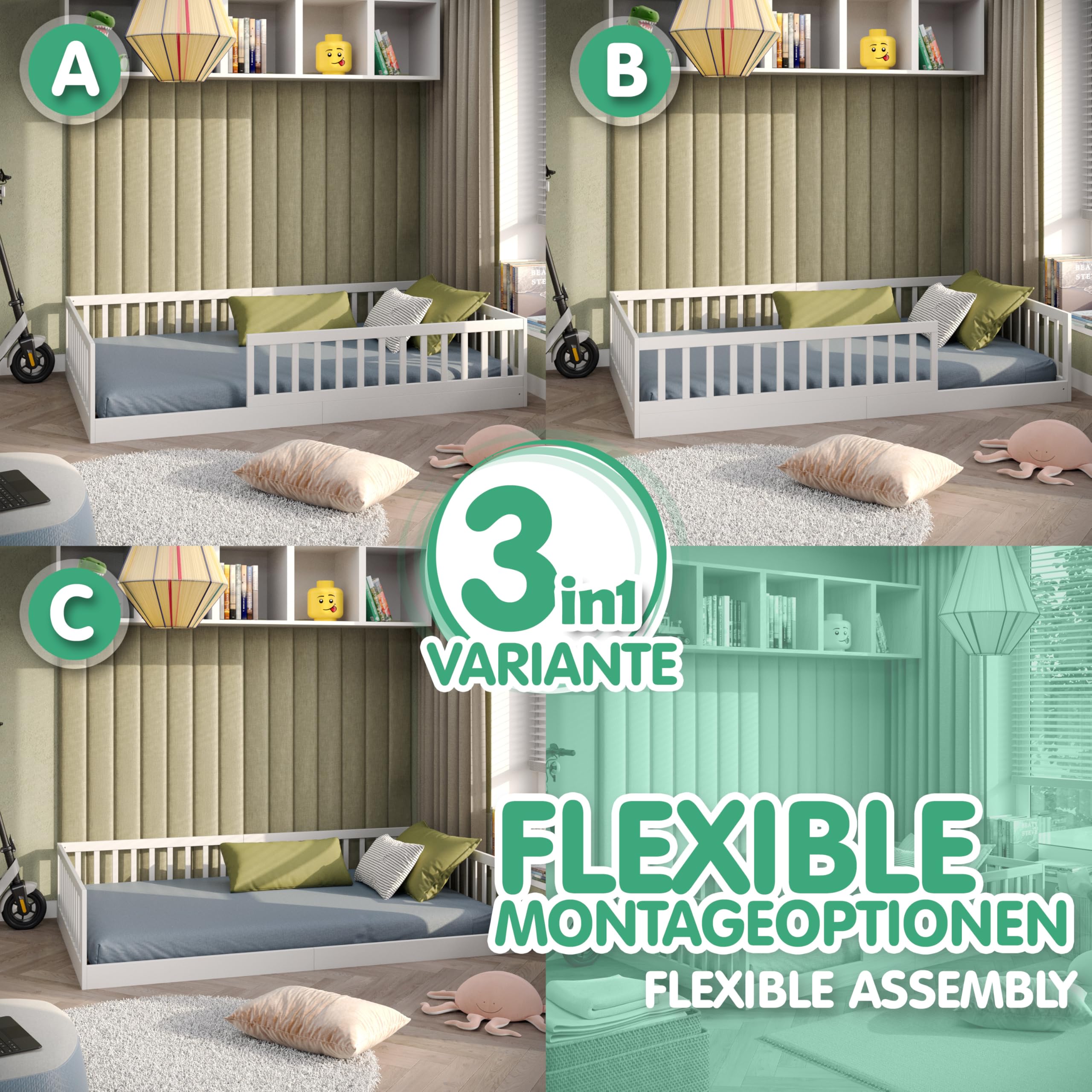 CADANI Timi Lit de Sol 120x200 cm Lit Enfant Montessori avec Barrière de Sécurité et Sommier à Lattes, Bois Massif Pin, Blanc, 3 Variantes de Construction