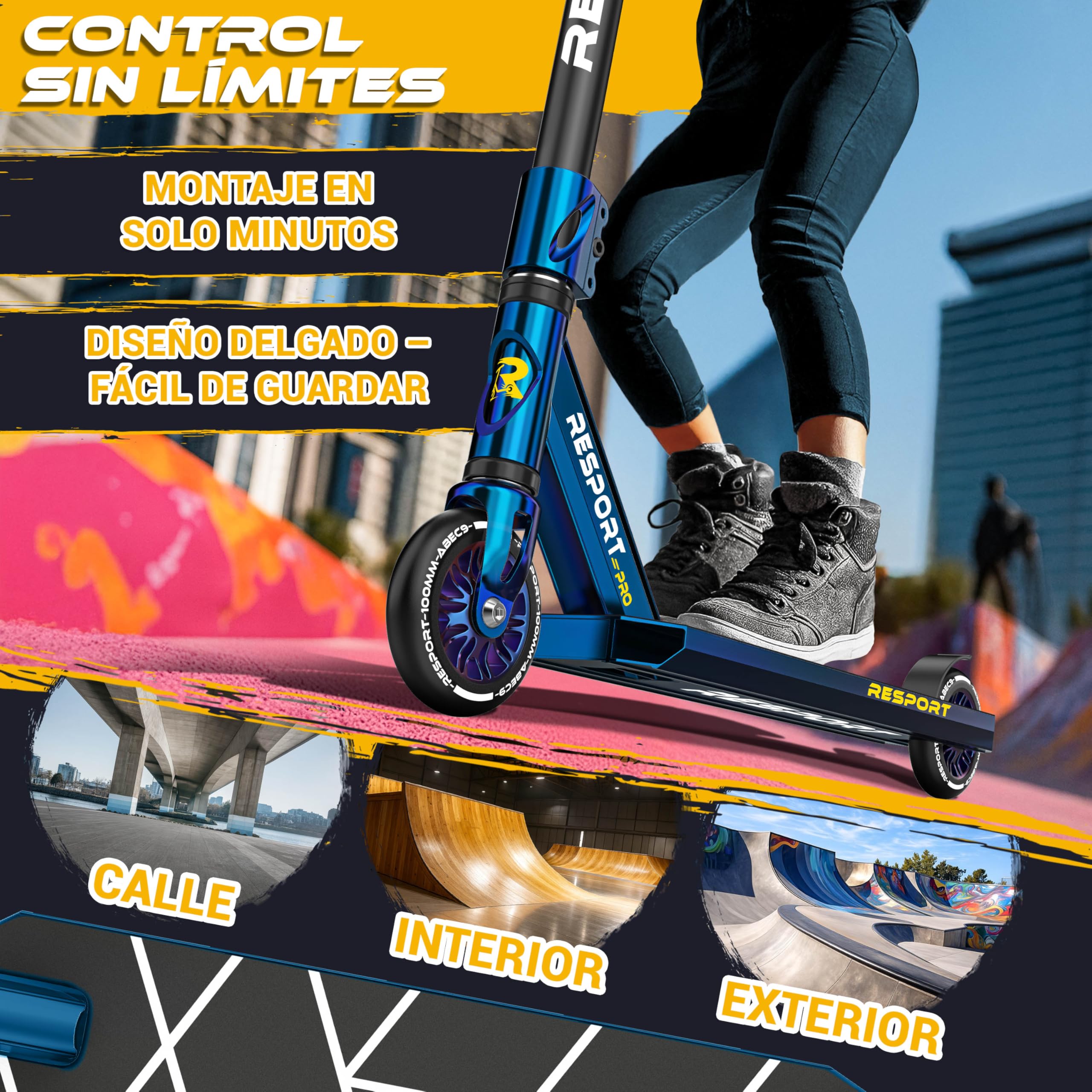 RE:SPORT Patinete de acrobacias Revo Pro para niños y adultos con soporte, patinete profesional de 110 mm, ruedas de poliuretano y barra en Y, patinete de acrobacias, patinete ABEC 9, rodamientos de — view 4