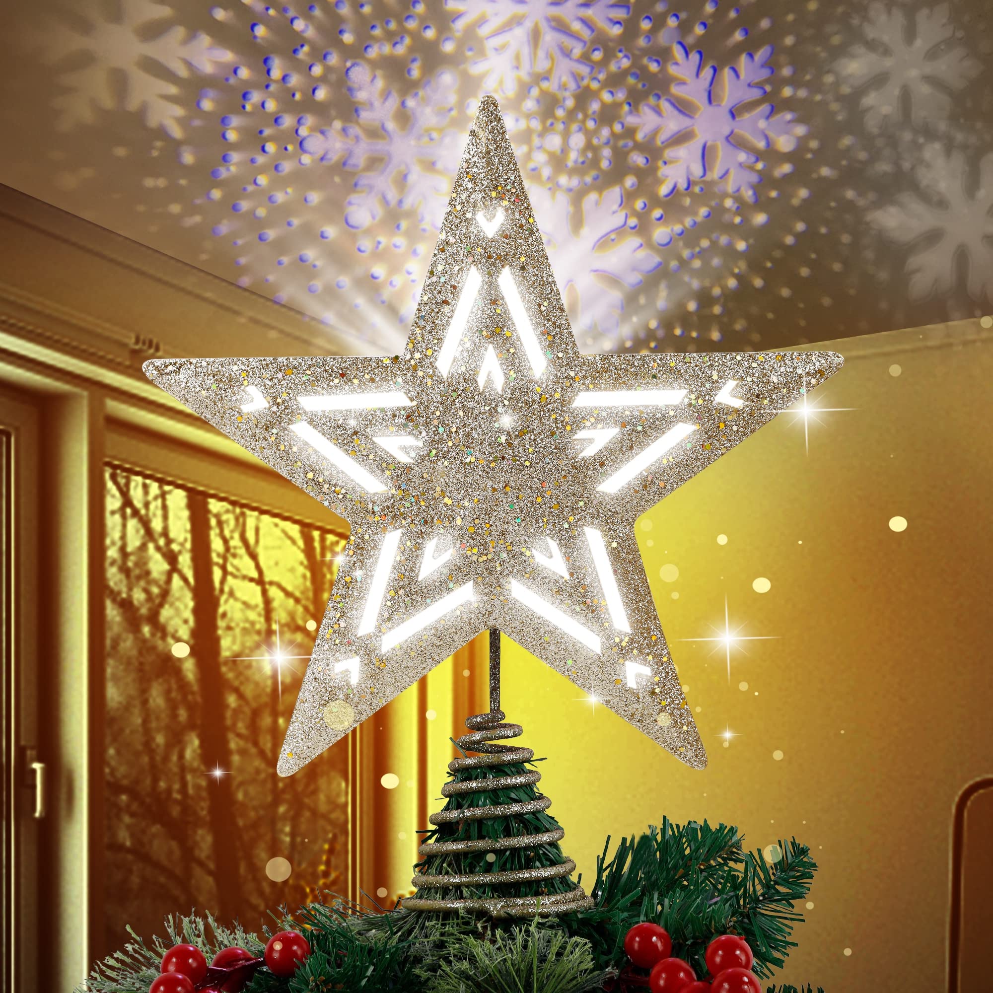 DR.DUDU Christmas Tree Topper, with Rotating Snowflake LED Projector, 3D Glitter Gold Christmas Tree Star, Christmas Decorations Treetop for Winter Home Holiday Decor