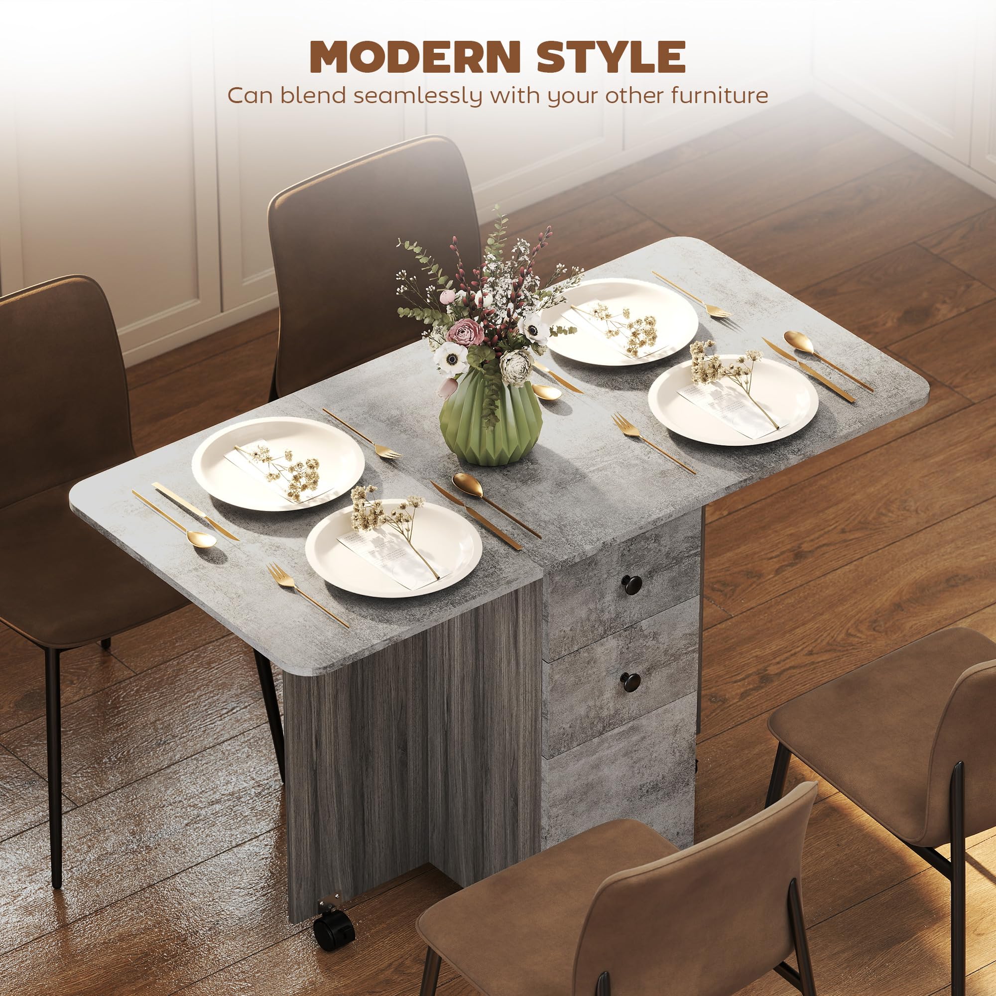 HOMCOM 60-120 cm Folding Dining Table for 4-6, Rolling Drop Leaf Table on Wheels with Storage Drawers, Cabinet and Open Shelf for Small Spaces, Kitchen, Dining Room, Flat, Grey Marble Effect — view 4