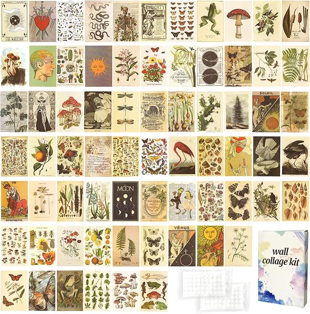 70pcs Vintage Wall Collage Kit Aesthetic Pictures, 4x6 Inch Cottagecore Tarot Posters Wall Art Print, Trendy Botanical Photo Collection for Teens Boys Girls Room Dorm Bedroom Decorations (Vintage)