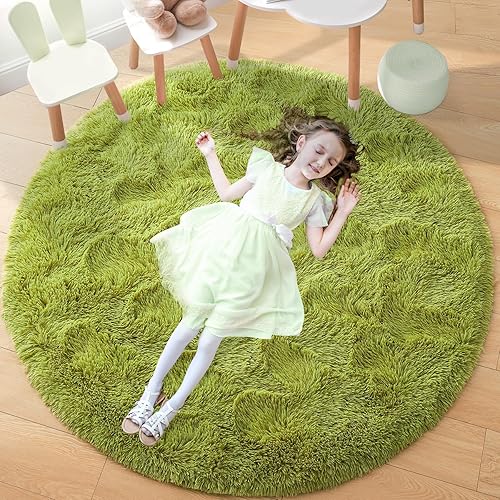 Noahas Alfombra redonda esponjosa de 5 pies, alfombra verde para dormitorio, alfombra mullida para habitación de niños, alfombra de dormitorio