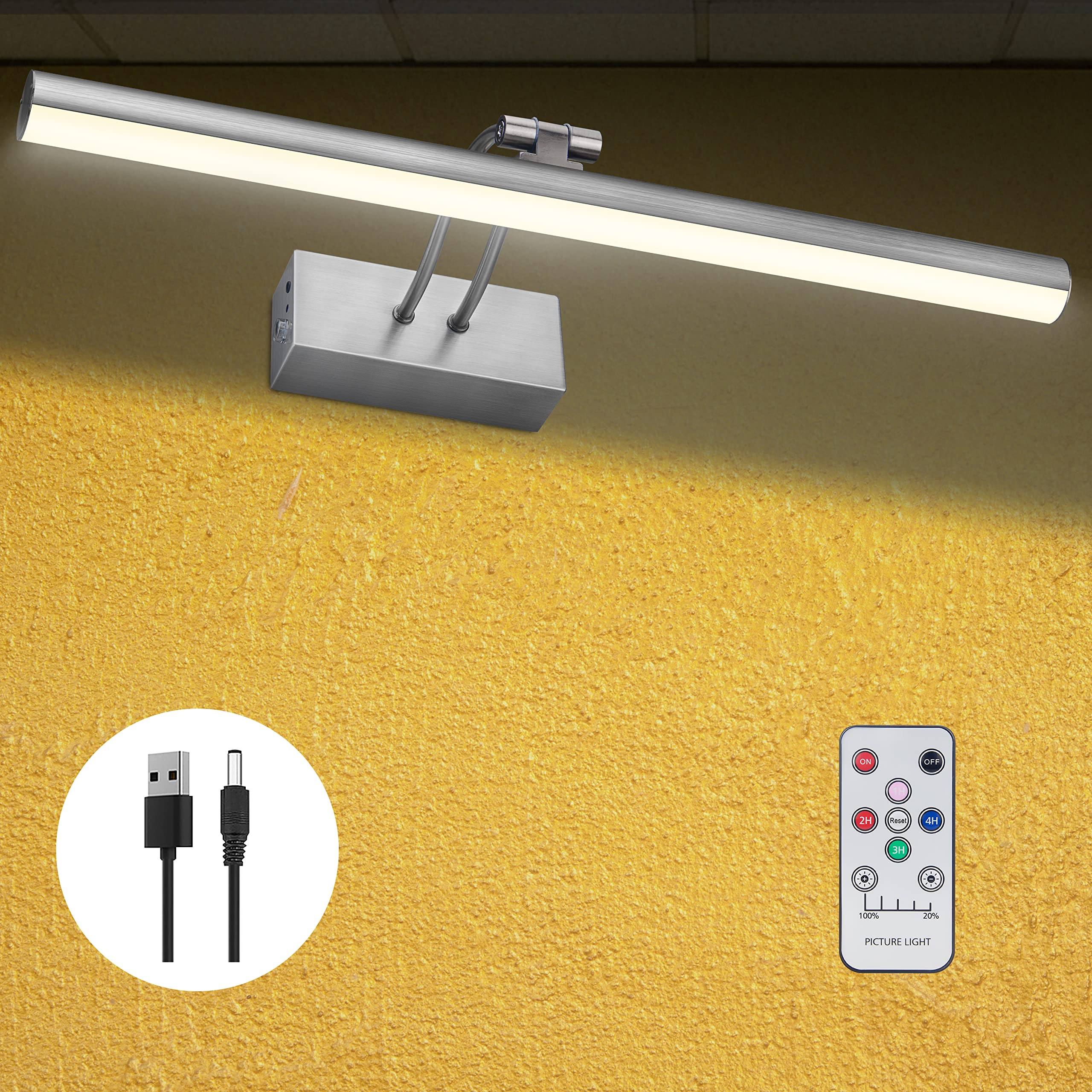 RAIFOOLLY Picture Light,L Size Wireless Battery Art Lights for Paintings,Rechageable Remote Display Picture Lighting with Timer and Dimmable for Painting,Frame,Portrait,Dartboard, Black Steel