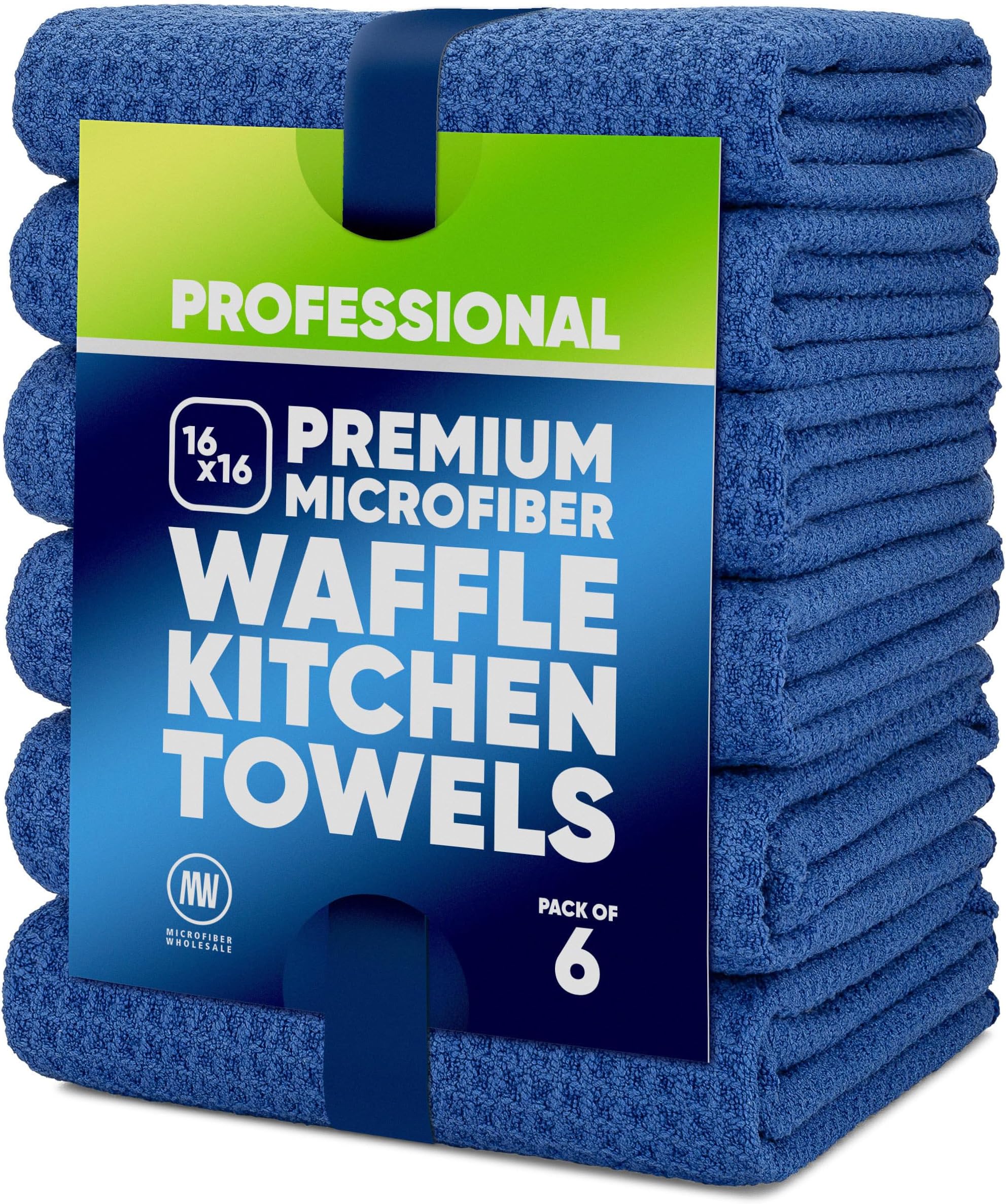 Kitchen Towels - Microfiber Waffle Weave Towels | Absorbent, No Lint, Thick, Reusable, Commercial, Soft, Hand, Tea, Glass, Bar, Sublimation Blank, Polyester Cloths (Blue, 16 x 16 (6 Pack))