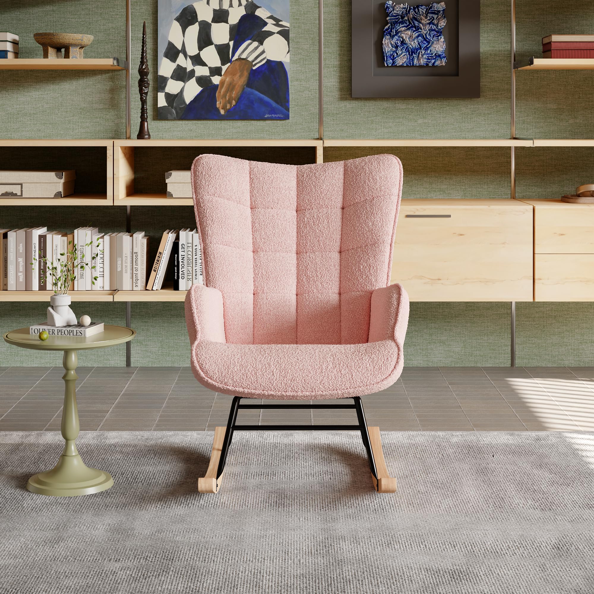 BRILVERDE Sedia a dondolo in tessuto con orsacchiotto, per soggiorno, camera da letto, comoda poltrona da lettura per cameretta dei bambini, 91 x 89 x 69 cm (rosa)