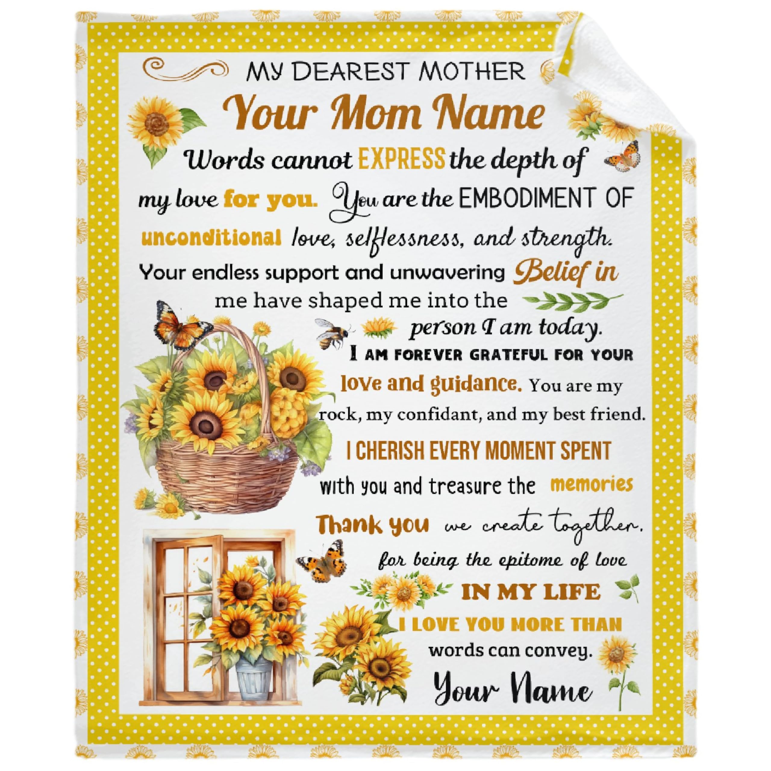 Custom to My Mom Sunflower Blanket,Personalized Blankets with Name