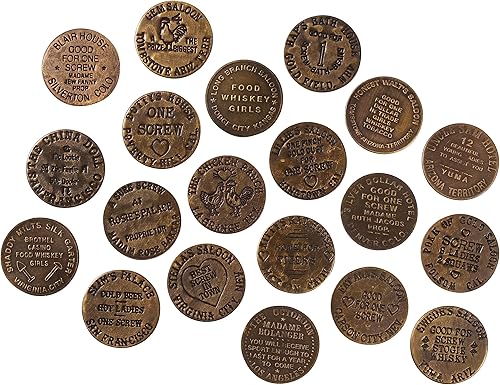 Miniatura 4 de Artisan Owl Fichas de réplica de latón macizo de doble cara del viejo oeste, fichas coleccionables de burdel de casa de gato con acabado antiguo