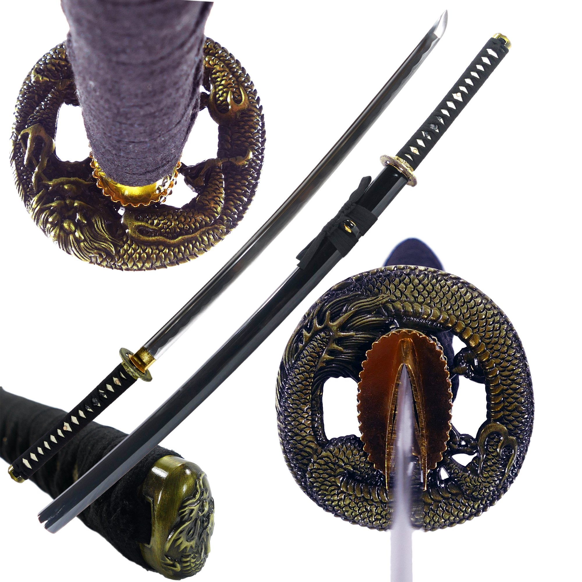 Handmade Sharp Katana Samurai Sword 40" Full Size Black - Shinto Dragon Tsuba