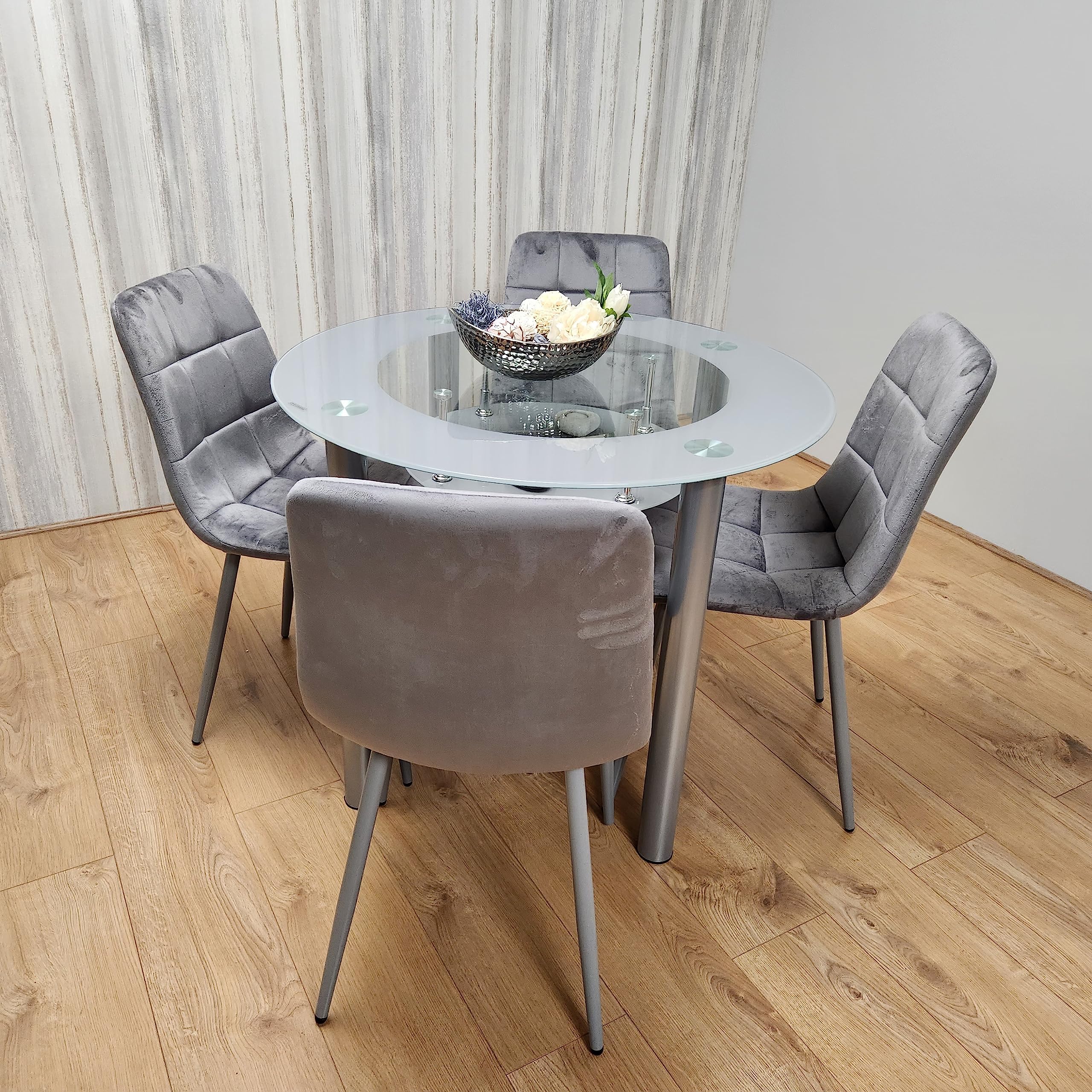GOLDFAN Modern Chrome Metal Round Glass Dining Table and 4 Stylish ...