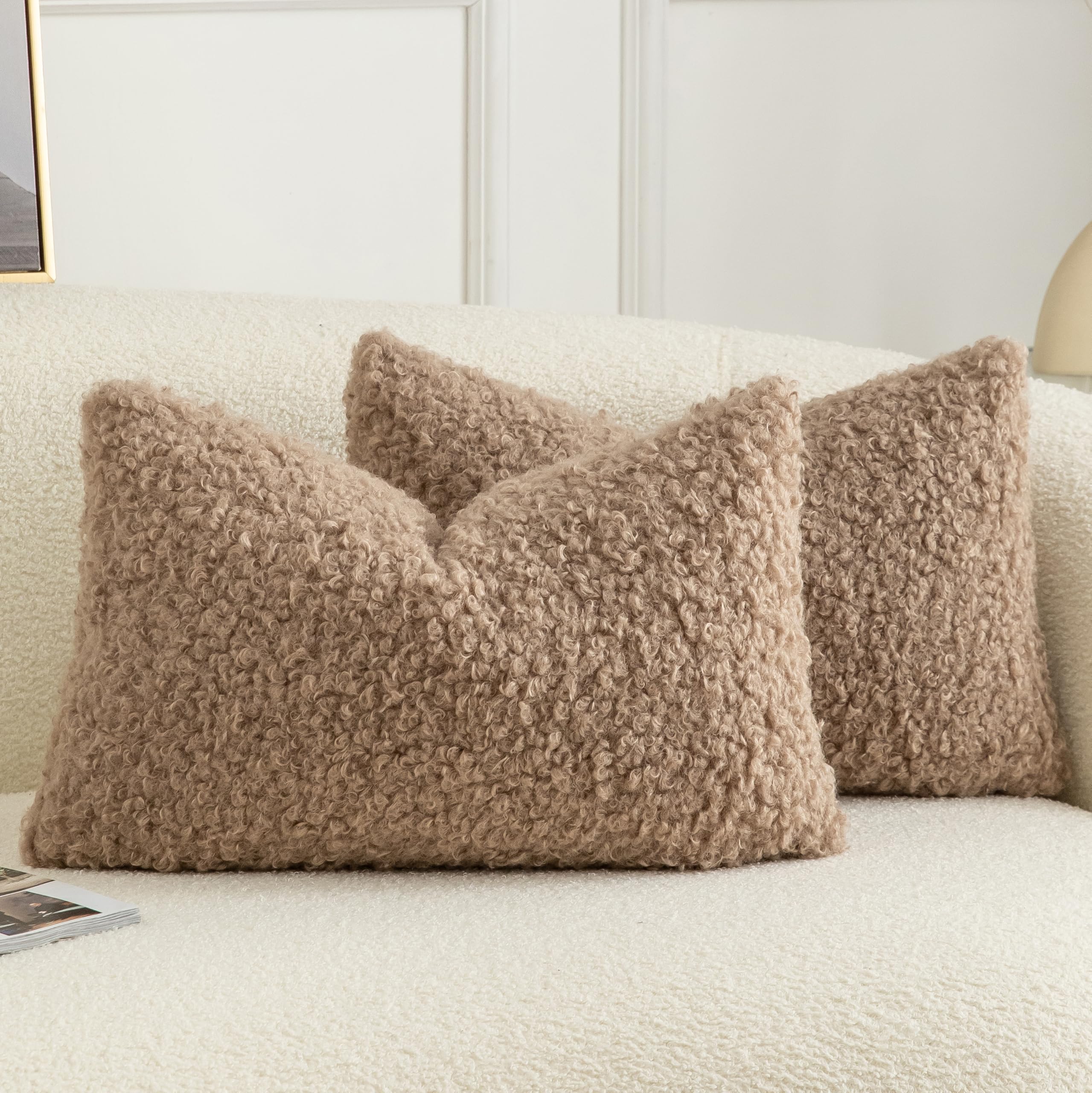 Joyouth Pack of 2 Curly Teddy Wool Faux Fur Cushion Cover Fuzzy Accent Soft Sherpa Pillowcases Sheepskin Fleece Decorative Cushion Case for Sofa Couch Living Room 12x20 Inch Khaki โ image 1