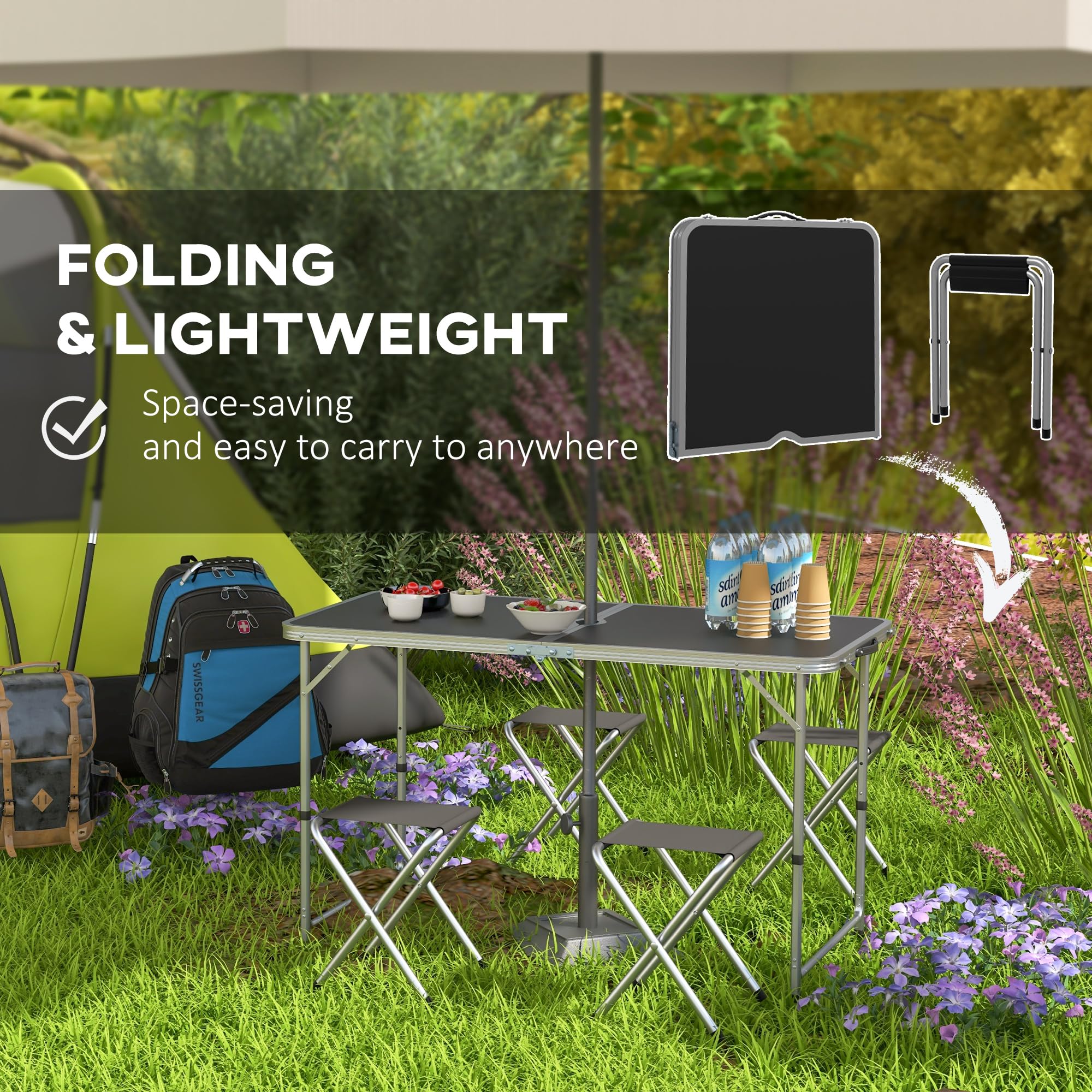 Outsunny 5-Piece Camping Set Tavolo da campeggio pieghevole con sedie Include 1 tavolo regolabile in altezza con foro per ombrellone 120x60x55-70 cm e 4 sgabelli pieghevoli Nero