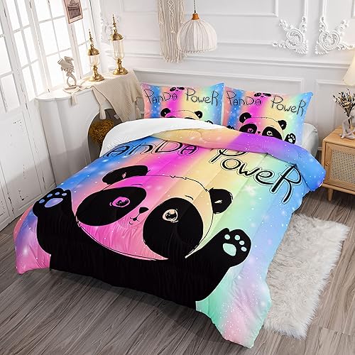 Miniatura 3 de Datura home Juego de edredón de arcoíris Kawaii lindo panda estampado con 1 y 2 fundas de almohada para dormitorio de niñas para todas las