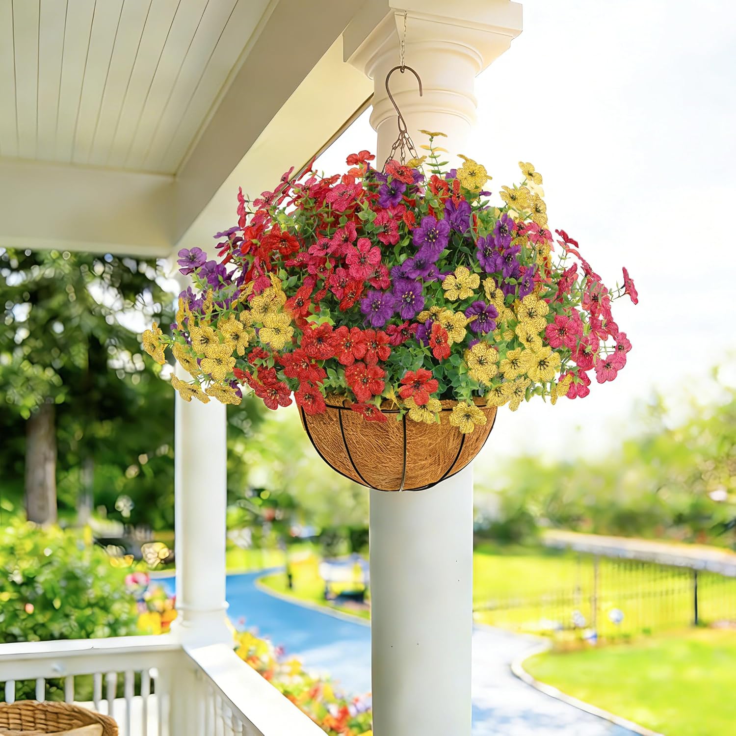 Senjie 12 Bundles Artificial Hanging Flowers with Basket for Outdoor Decor, UV Resistant Faux Flowers Fake Hanging Planter for Porch Patio Balcony image 2