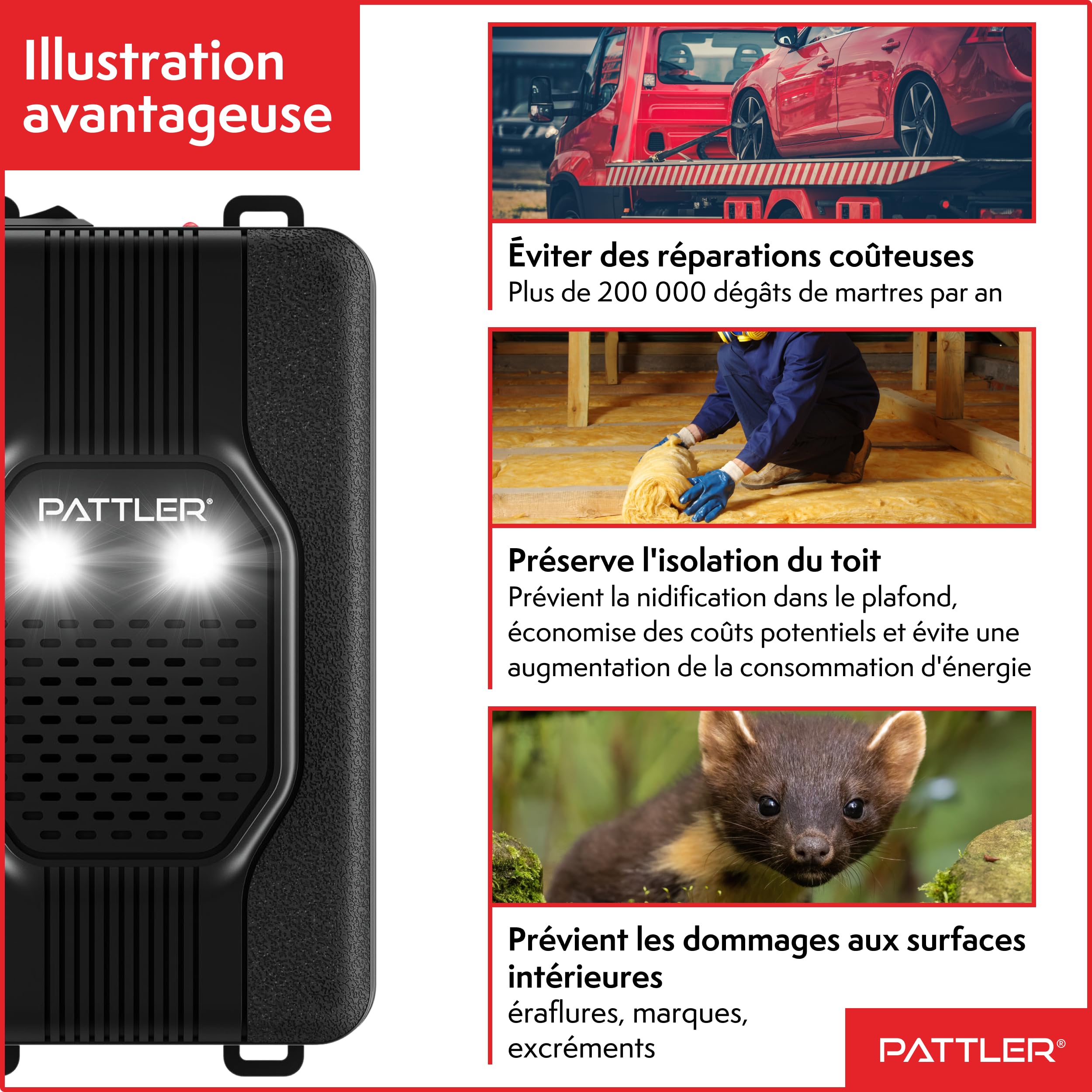 PATTLER® Anti Martre à Ultrasons avec Lumière – Répulsif Anti Martre pour Voiture avec Alimentation 12V, Piles AA ou USB, Protection Efficace contre les Martres. 1 Unité