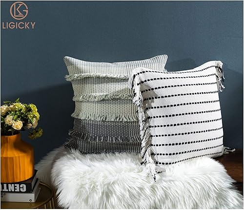 Miniatura 8 de LIGICKY Fundas de almohada decorativas para el hogar, estilo bohemio, con borlas, cuadradas, de algodón, a rayas, para sofá, dormitorio, sala de
