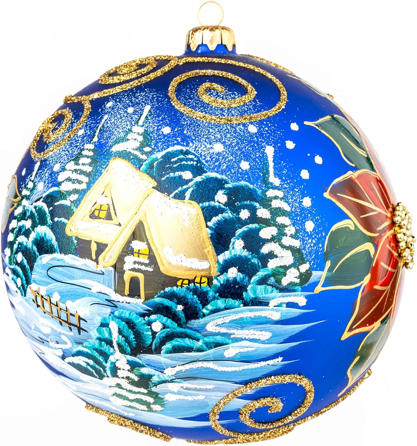 Christmas Ornament Wintry Day with Red Poinsettia Blown Glass Ball (Navy Blue, 150mm)