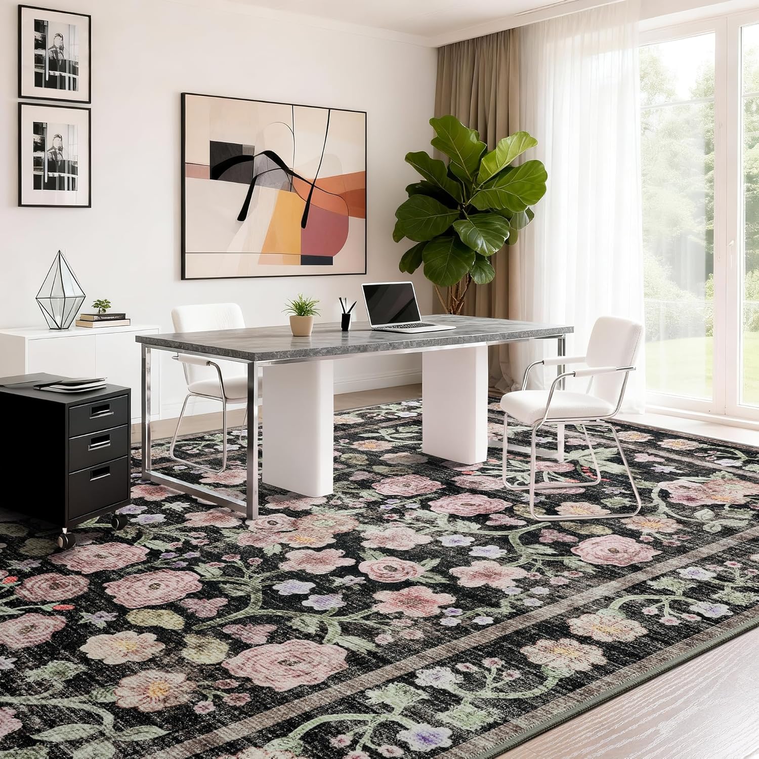 Maxsoft Large Area Rugs for Living Room Bedroom, 5x7 Washable Floral Area Rugs, Non-Slip and Stain Resistant Soft Throw Indoor Carpet for Dining Room Office Kitchen Dorm Home Decor, Black