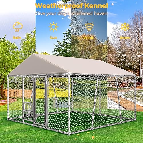 Miniatura 3 de Lyromix 10 x 10 pies Jaula grande para perros al aire libre con cuencos, Jaula para perros al aire libre con techo impermeable, Jaula de juegos para