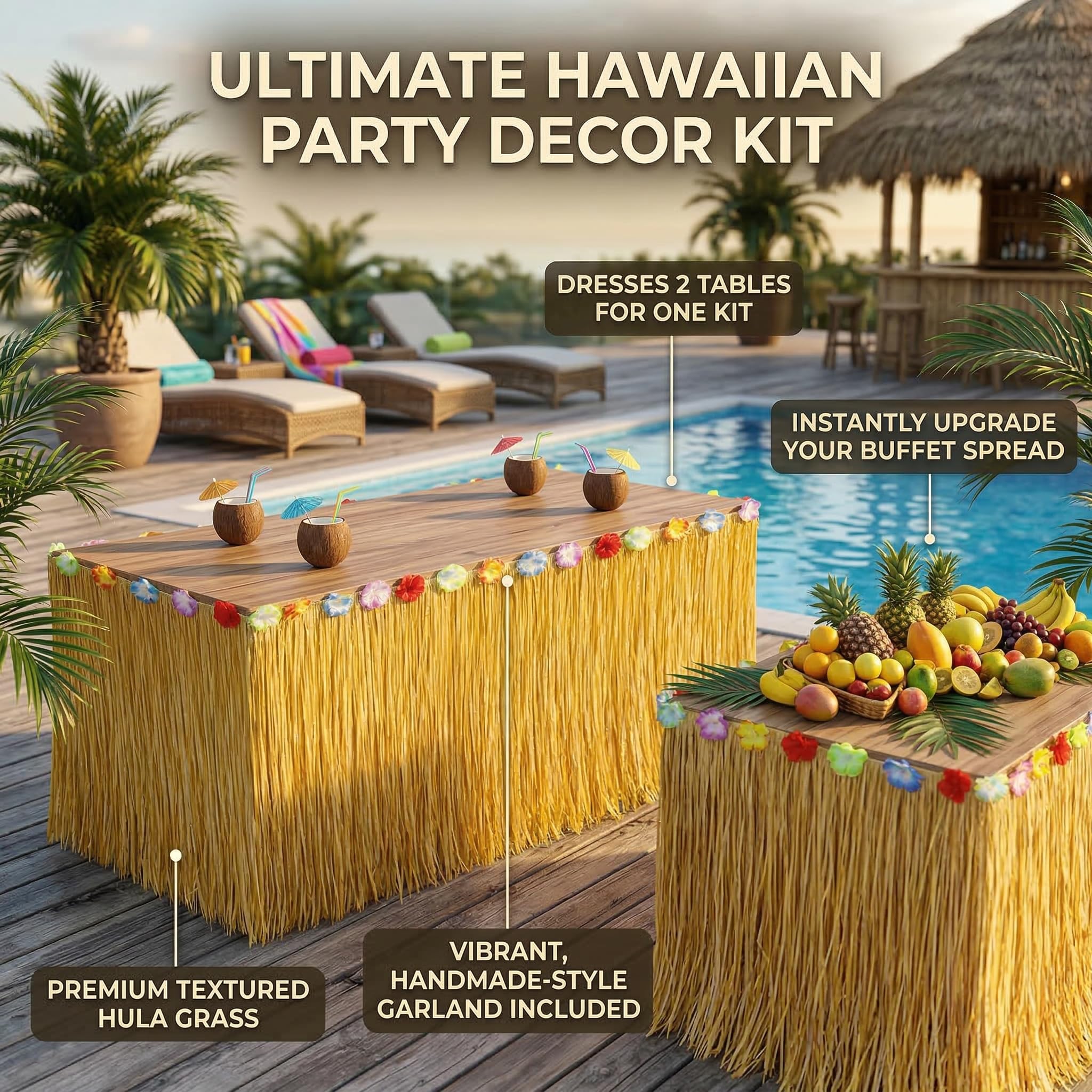 Set di 2 Tovaglie in Stile Hawaiano – 276 x 75 cm, Tovaglie di Paglia per Decorazioni Tropicali con Nastro Adesivo e Anelli Decorativi, Perfette per Feste a Tema Luau, Estive e da Spiaggia