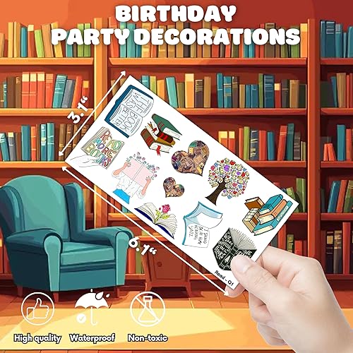 Miniatura 4 de (96 piezas) Divertidos libros de lectura, tatuajes temporales de nerd, suministros de fiesta temática de cumpleaños, decoraciones de regalos, lindas