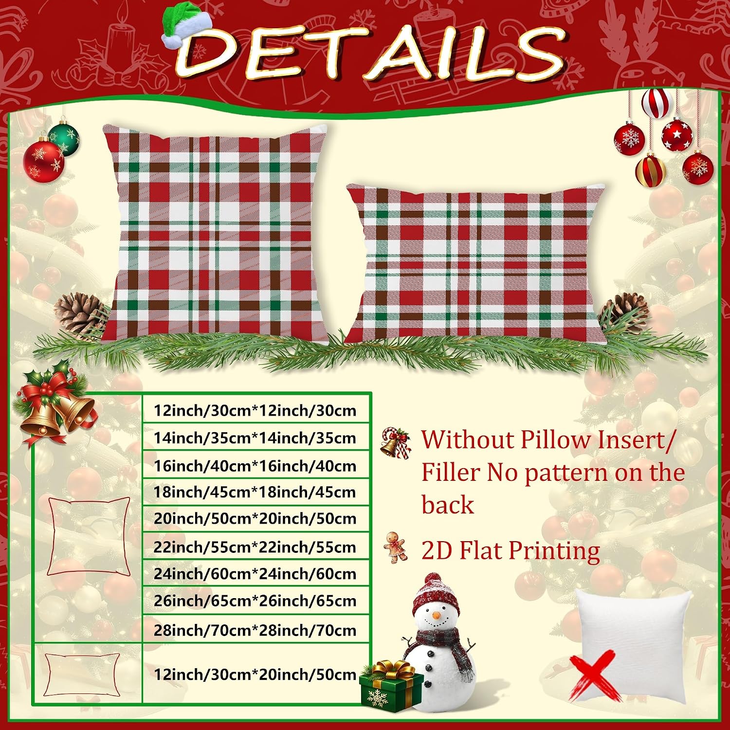 Christmas Plaid Throw Pillow Covers Set of 2, Red Green White Checkered Cushion Cases, Square Holiday Decorative Farmhouse Decor for Home Sofa Bed Couch 26x26 Inch