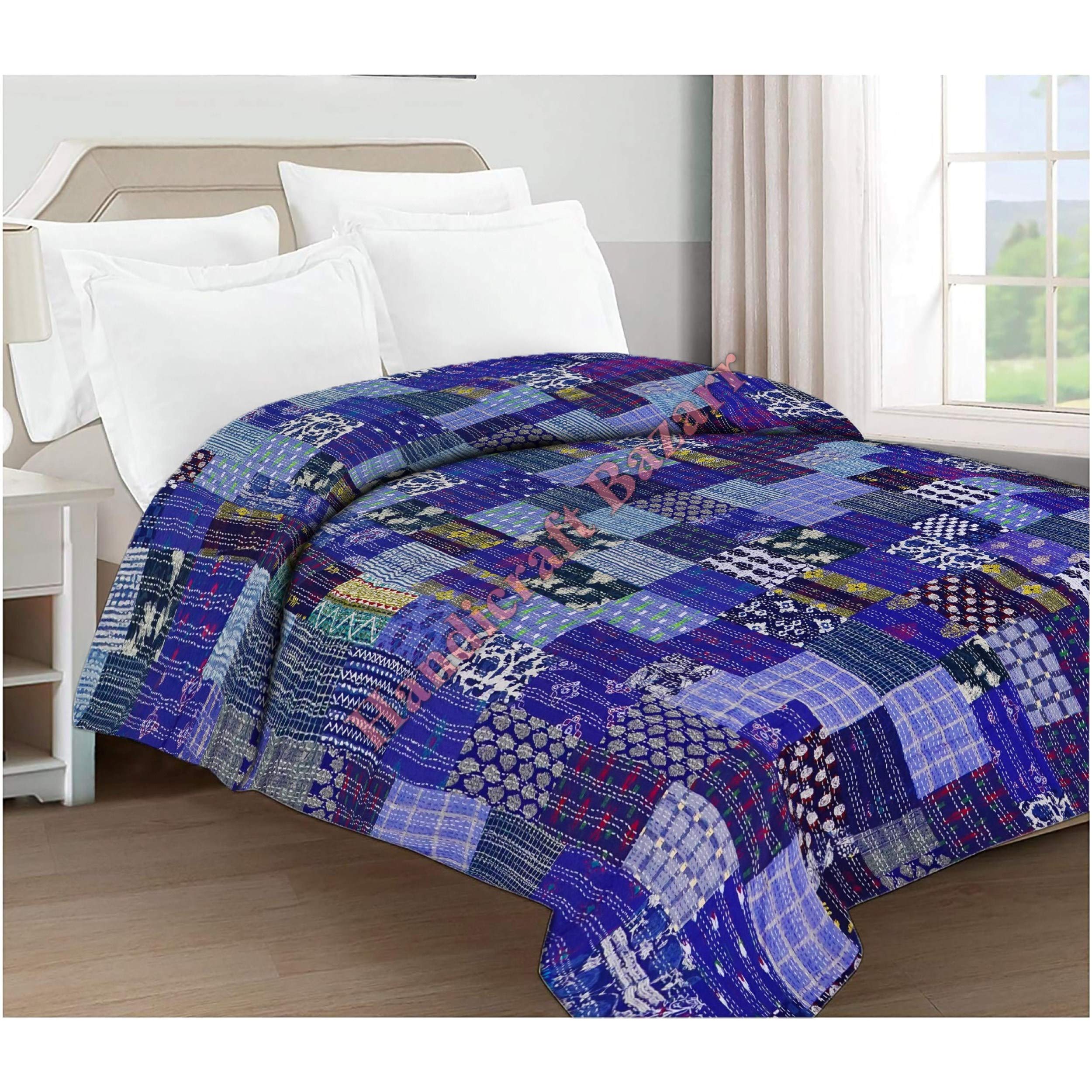 Handicraft Bazar Layering Colorful King Size Printed Quilts Silk Patola Patchwork Kantha Bed Server Handmade Quilt Silk Patola Vintage Throw Blanket