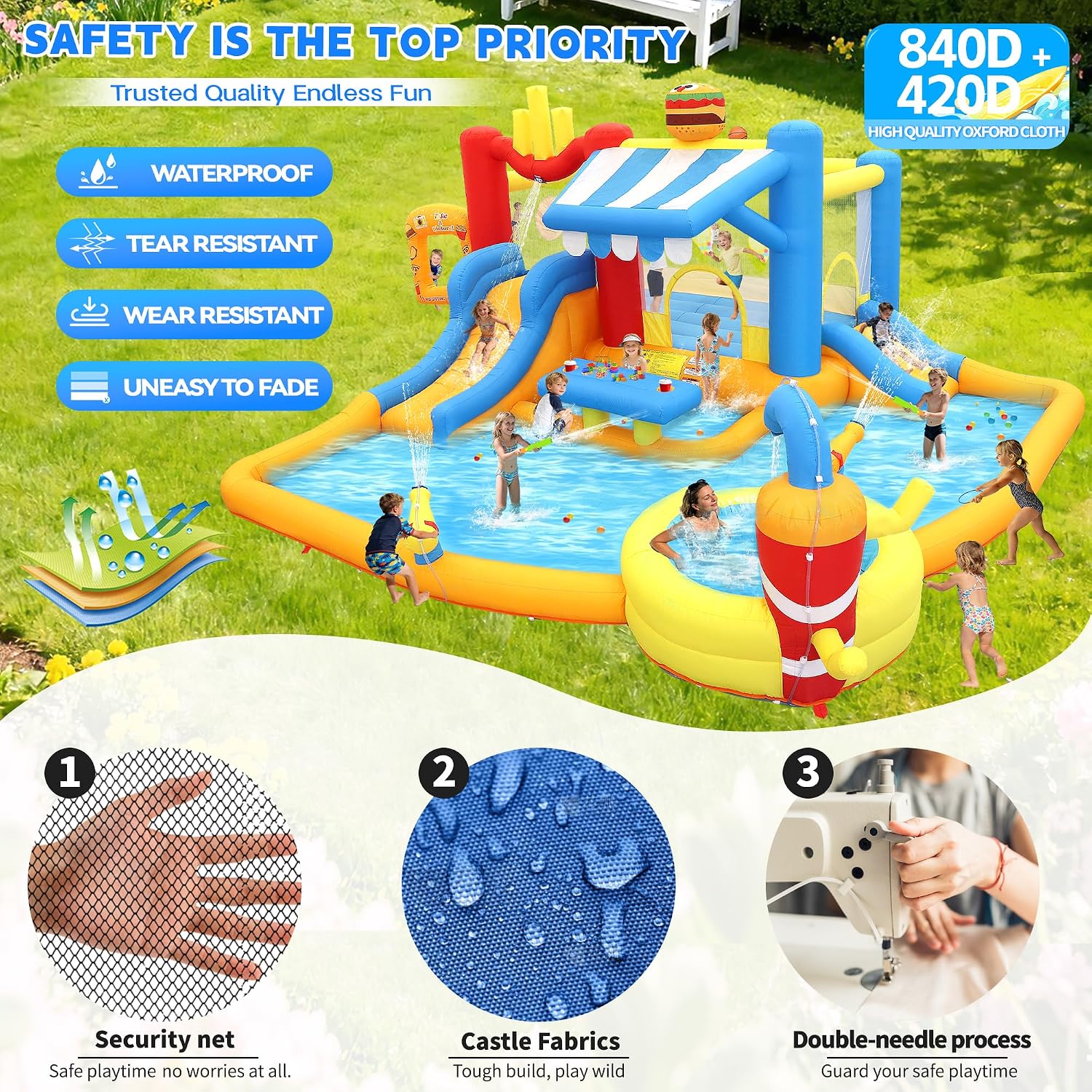 Large Inflatable Water Slide Park for Big Kids, 13-in-1 Bounce House Water Slide with Double Slides, Blower, Splash Pool, Deep Pool, 16X15X7.7ft Burger Theme Party Outdoor Backyard Blow Up Water Slide