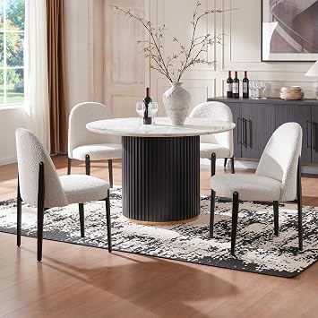 Morden Fort Boucle Dining Chairs Set of 4, Thick Upholstered Chairs with Metal Legs & Curved Backrest, Post Modern Minimalist Chair for Dining Room, Kitchen, Living Room, Bedroom, Apartments, White