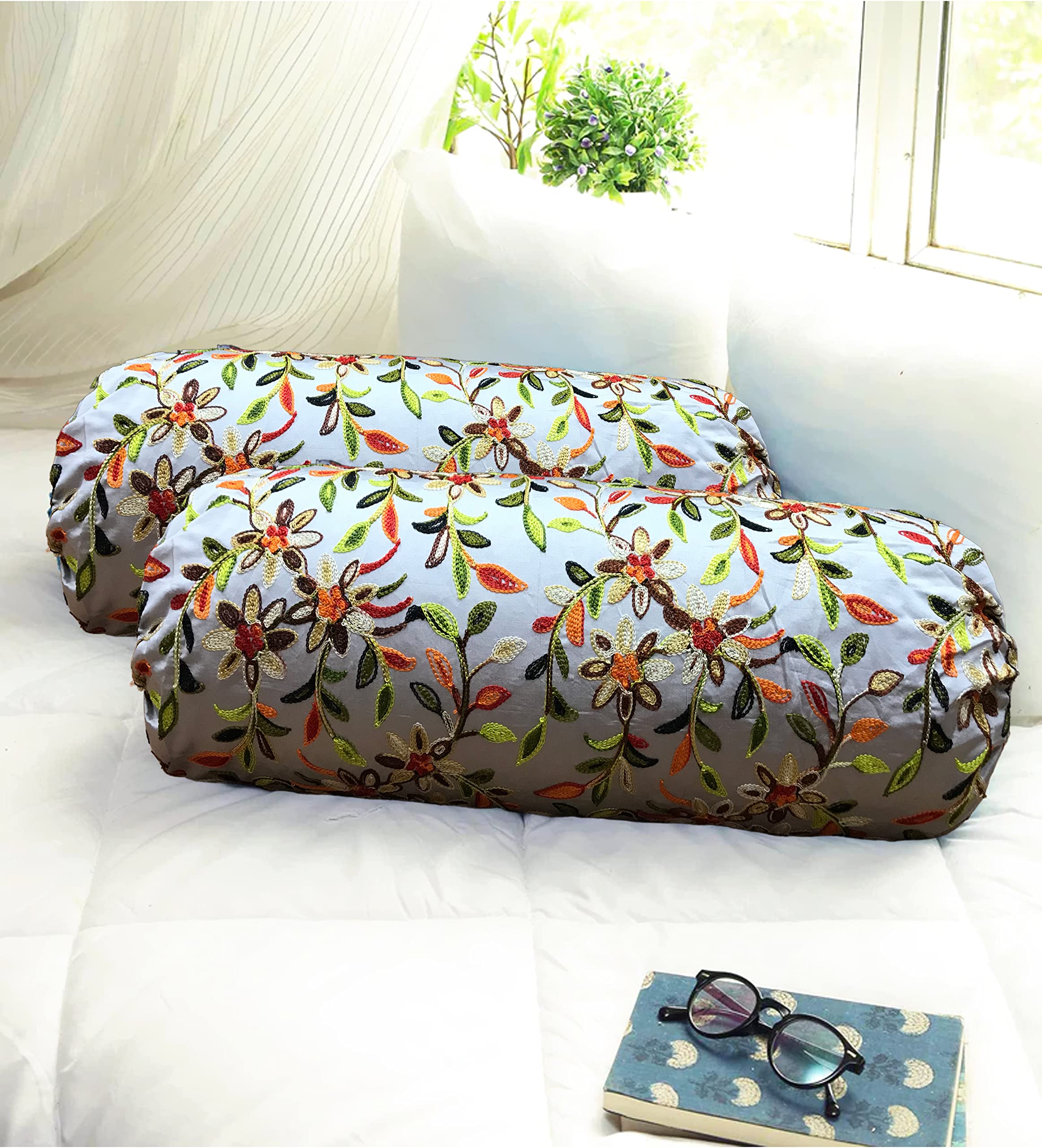 Imperial Fab Kashmiri Silk Fabric Bolster Cover Set of 2 Pcs (Grey)-picture-26