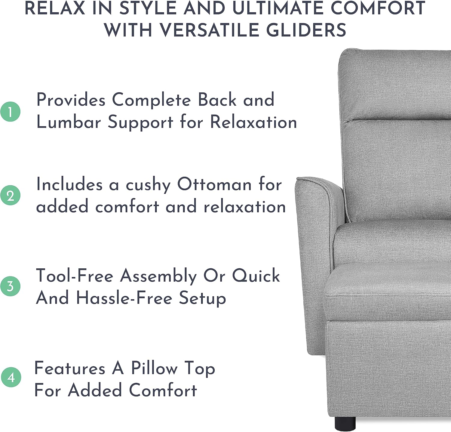 Evolur Aria Upholstered Plush Seating Glider Swivel with Ottoman in Earl Grey, Greenguard Gold Certified Modern Nursery Chair with Side Pockets, Tool-Free Assembly, Easy to Clean