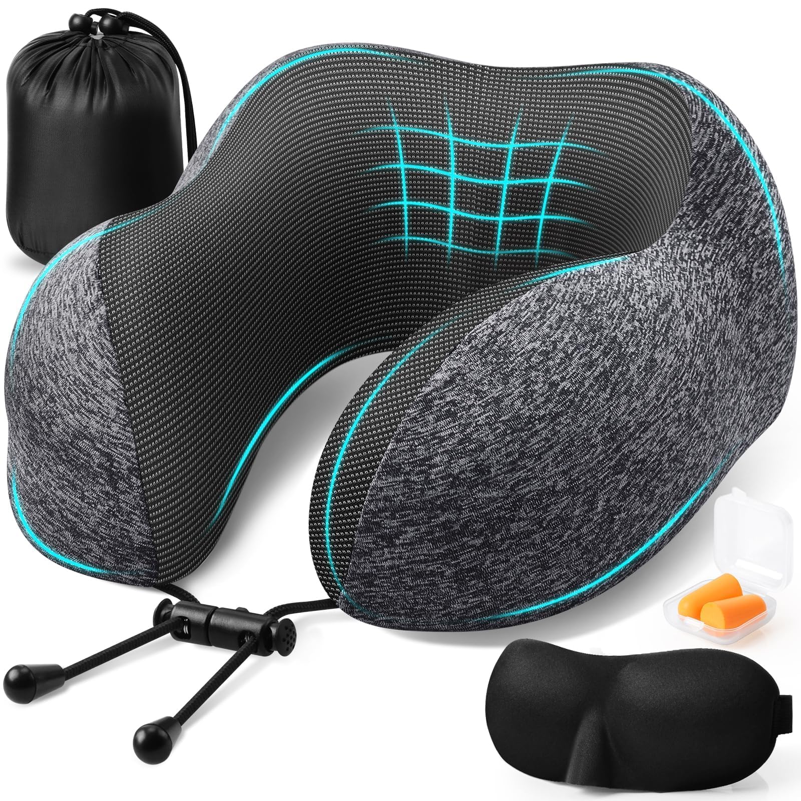 Travel Pillow, Travel Pillows for Sleeping Airplane, Removable Cover Neck Pillow with Adjustable Clasp, Memory Foam Neck Pillow Set with Eye Mask, Earplugs and Storage Bag (Dark Grey)