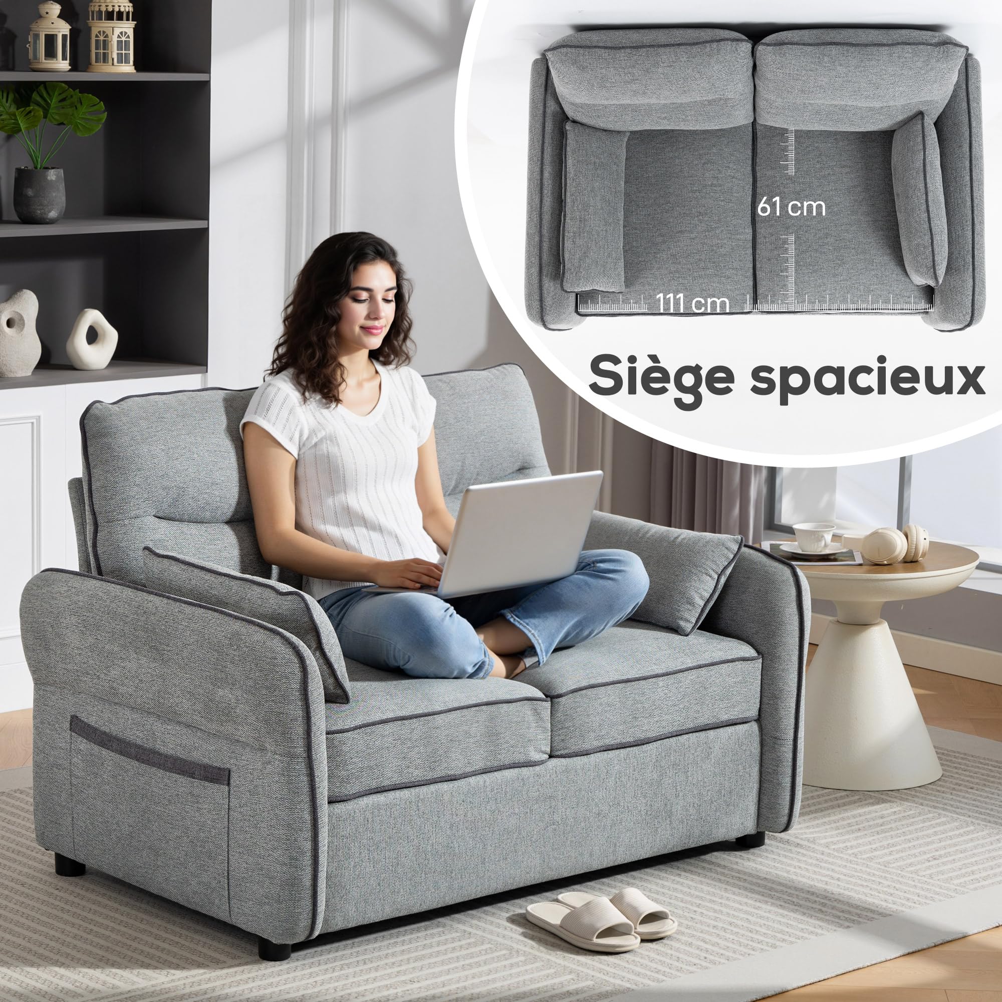 HOMCOM Canapé 2 Places Assise et Dossier Rembourrés 136 cm Gris