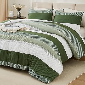 Litanika Olive Green Comforter Set King - 3 Pieces Lightweight Olive Green White Colorblock Stripe Fluffy Bedding Comforter Sets, All Season Bed Set