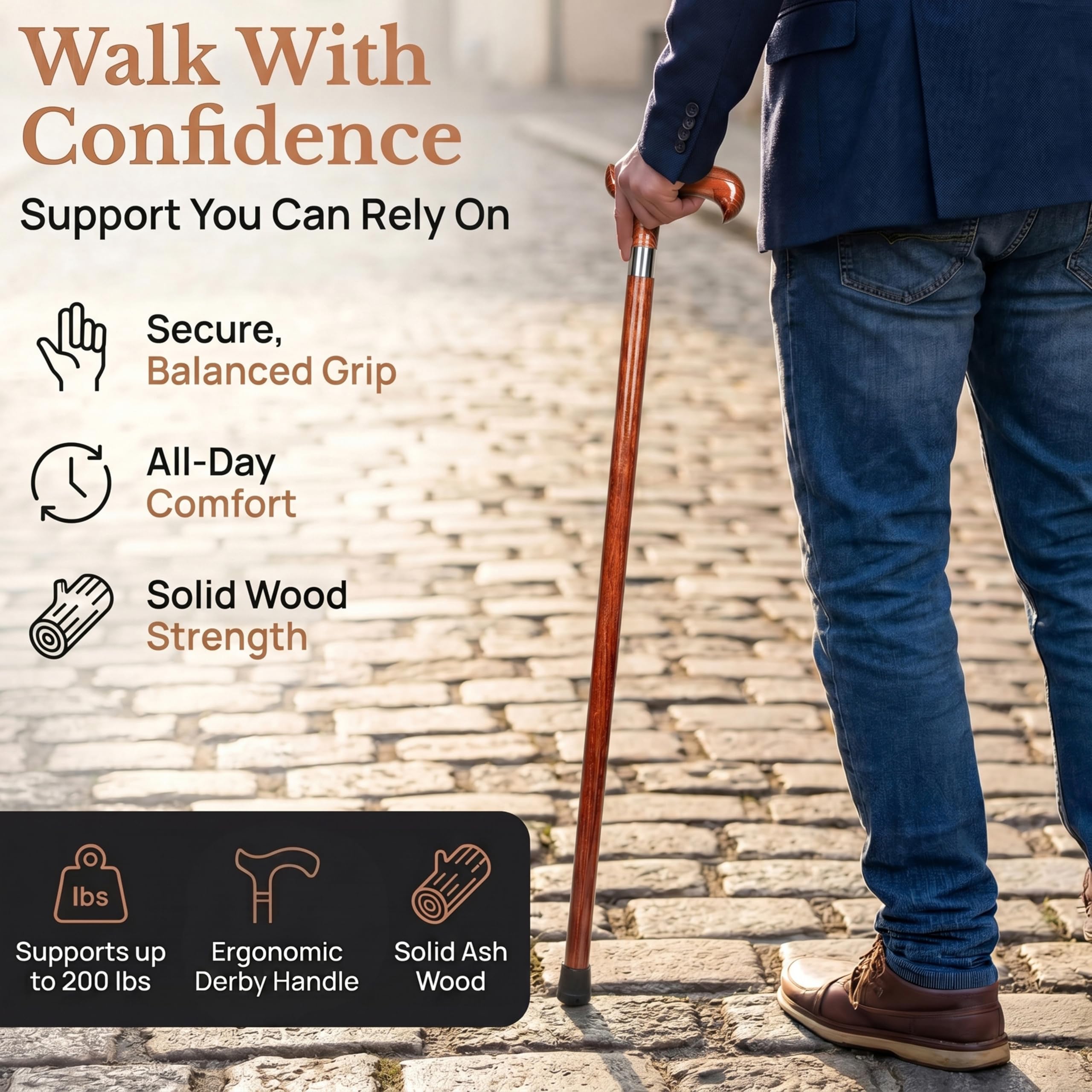 Dr. Watson Classic Derby Walking Stick – Handcrafted Ash Wood Cane with Polished Stainless Steel Collar