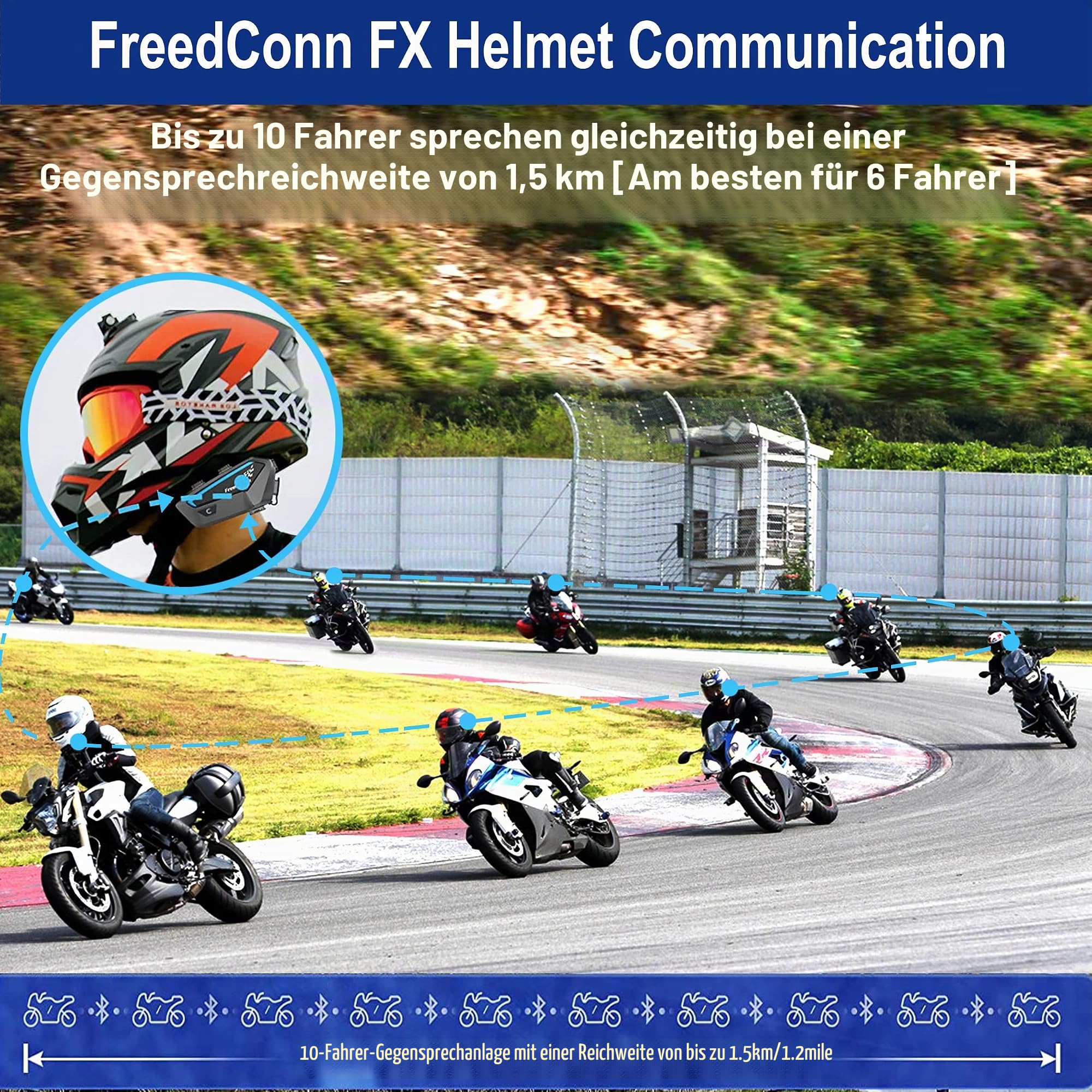 FreedConn FX Motorrad Intercom, Helm Headset für bis zu 10 Motorräder mit Reichweite von 1500m, DSP und CVC Geräuschunterdrückung Motorradhelm Kommunikationssystem mit Musikteilen Funktion Schwarz