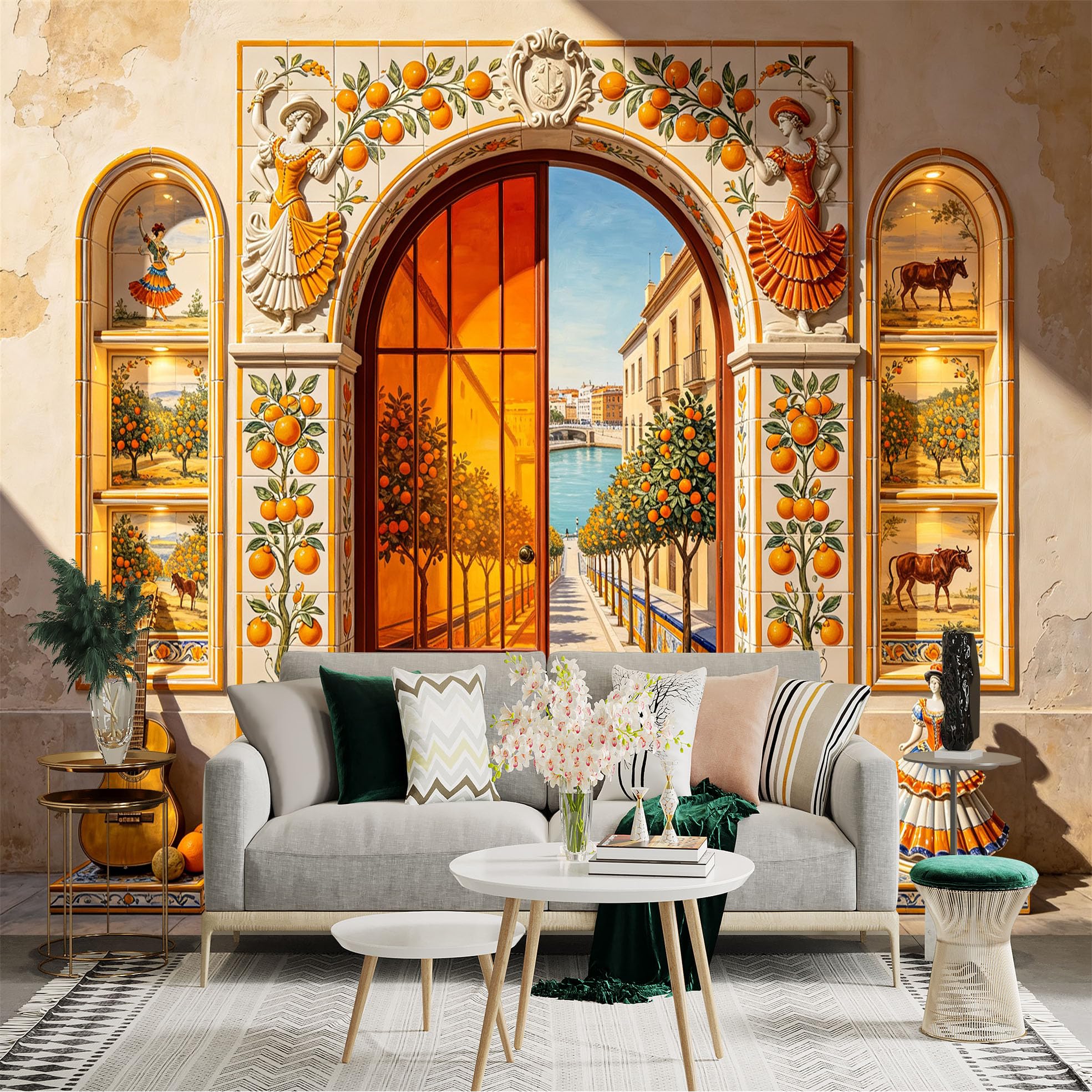 Custom Size Wall Sticker Mural， Mediterranean Archway with Orange Trees， Coastal Courtyard and Ceramic Art， for wall Decoration， peelandstick wall Decals.
