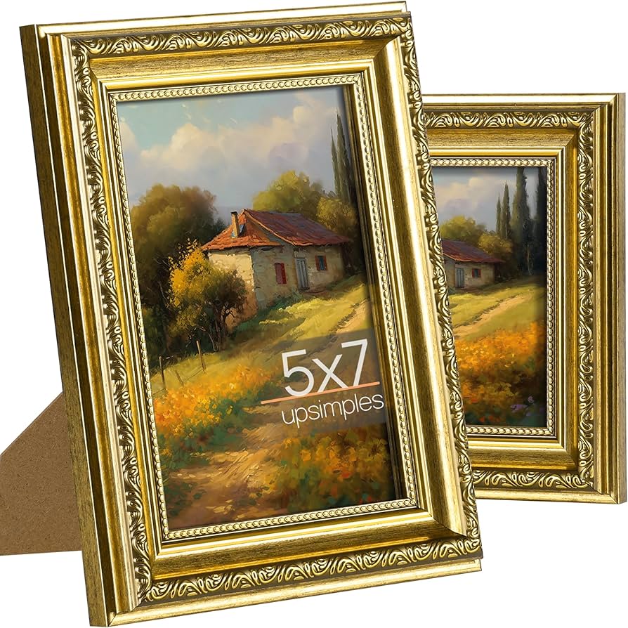 upsimples 5x7 Picture Frame with Real Glass, 2 Pack Ornate Vintage Picture Frames for Wall or Tabletop Display, Gold 5 x 7 Photo Frame for Wall Décor