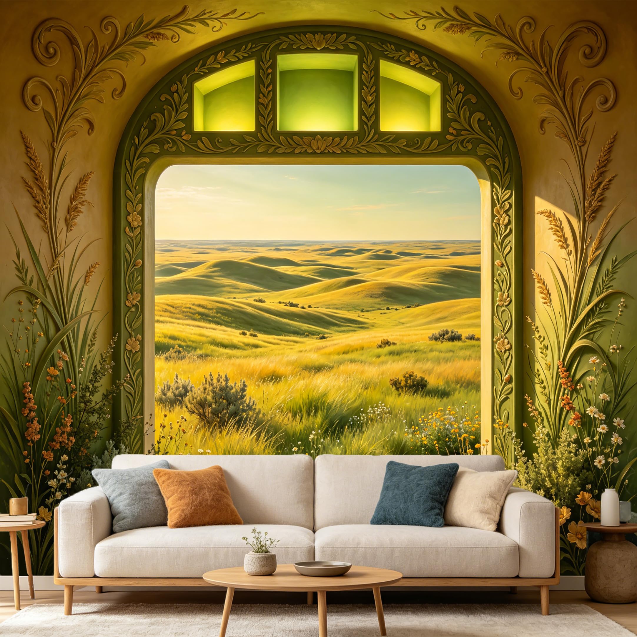 Custom Size Wall Mural Golden Wheat Field Rolling Hills Sunset Scenery 3D Trompe L'Oeil Archway Farmhouse SelfAdhesive Art Prints wall Fabric Removable Large Wallpaper Home Bedroom Decor